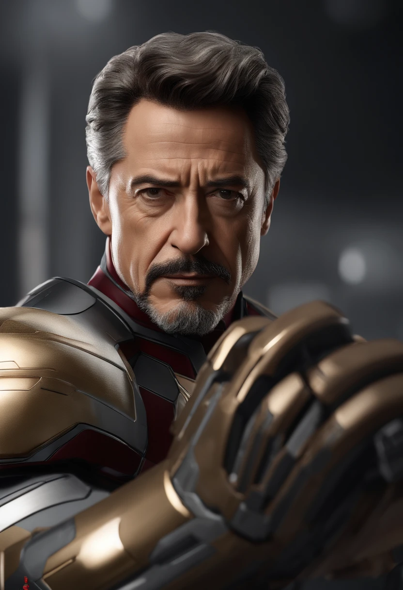 Marvel, Old man Tony Stark, realistically, dynamic lights, old, gray stubble, full shoot, (extremely detailed CG unity 8k wallpaper), trending on ArtStation, trending on CGSociety, High Detail, Sharp focus, dramatic, photorealistic