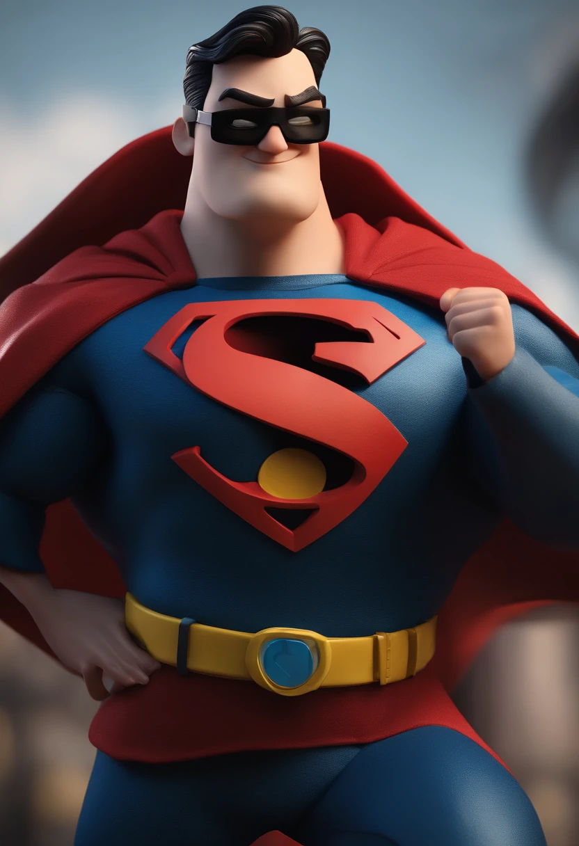 Cartoon character of a man with black glasses and superman outfit Animation character, Caractere estilizado, animation style rendering, 3D estilizado, Arnold Maya render, 3 d render stylized, toon render keyshot, Personagem 3D, Personagem 3D, 3d rendering stylized, 3 d character render, personagem de desenho animado, Personagem de close up, Pose de personagem, (Estilo Pixar) (master part:1.2) (Bokeh) (best quality) (pele detalhada) (textura detalhada) (8k) (argila) (Cinematic lighting) (foco nítido