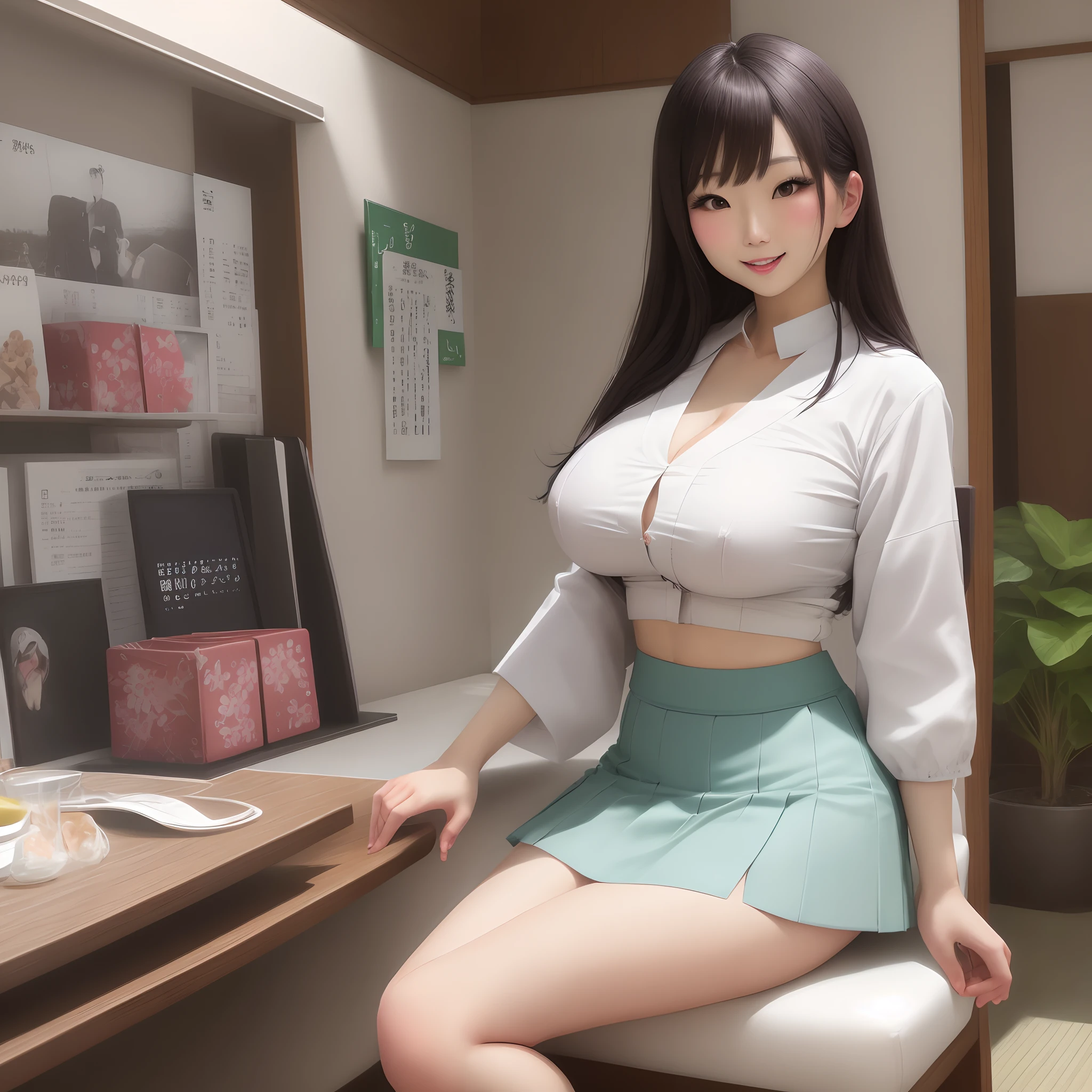 Busty Japanese woman showing off her white mini skirt