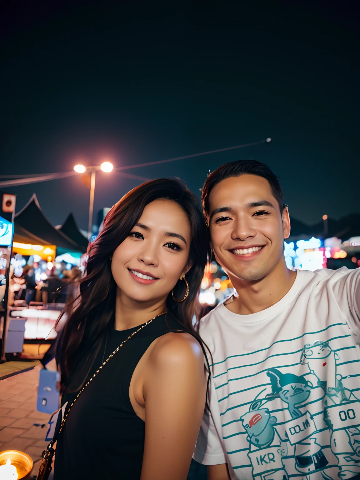 There's a man and a woman taking a selfie at night, Fotografia selfie 8k, summer festival night, Tirada com Canon EOS 5 D Mark IV, Ruan Jia e Brom, 8k 50mm iso 10, Postagem no Reddit, Tiro na Nikon Z9, Casal feliz, Assumido em Go Pro Hero8, Tomada com Sigma 2 0 mm f 1. 4