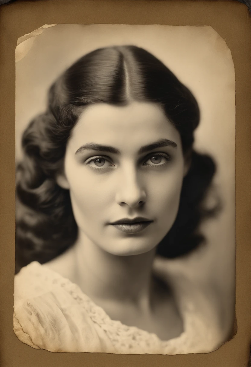 (best quality,4k,8k,highres,masterpiece:1.2),ultra-detailed,(realistic,photorealistic,photo-realistic:1.37),vintage close-up portrait of a young woman,posing with her hand on her chin on a piece of paper,realistic vintage photograph,vintage photograph,grainy damaged photograph,on old paper,old photograph,old photograph,damaged photograph,very old photograph,old photograph,post-grunge portrait,inspired by Anna Fussli,old photograph,ebullient, reminiscent of Ebru Sahin,retro,nwsf