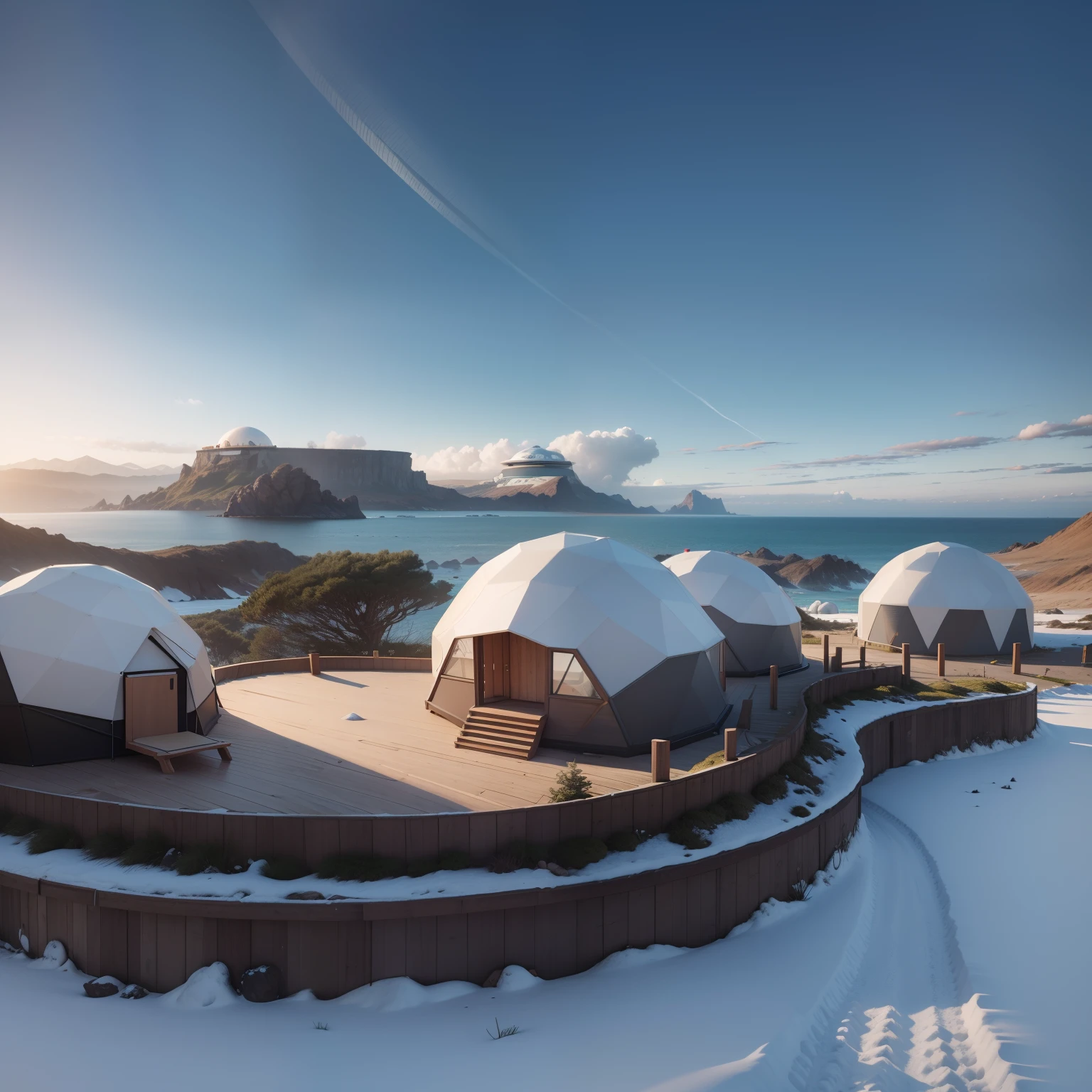 Mountain area at the foot of the sea, Undergrowth zone, Arquitetura futurista, construction of various igloos, Glamping, domos,Arquitetura futurista, Bioclimatic Architecture, Iglos brancos, white domes, tendas, Campismo, solar panels. tendas zen sobre plataformas de madeira em estacas no terreno, wooden walkways between the igloos, Arquitetura Deslumbrante, renderizado, Ultra HD 3d  hiper-realismo, muito detalhe, obra-prima,  mais alta qualidade, detalhe intrincado, melhor textura, realista, 8k, luz suave, sombra perfeita, 
celestial, , Sleeping capsule, Ubobadadas , e de realidade virtual