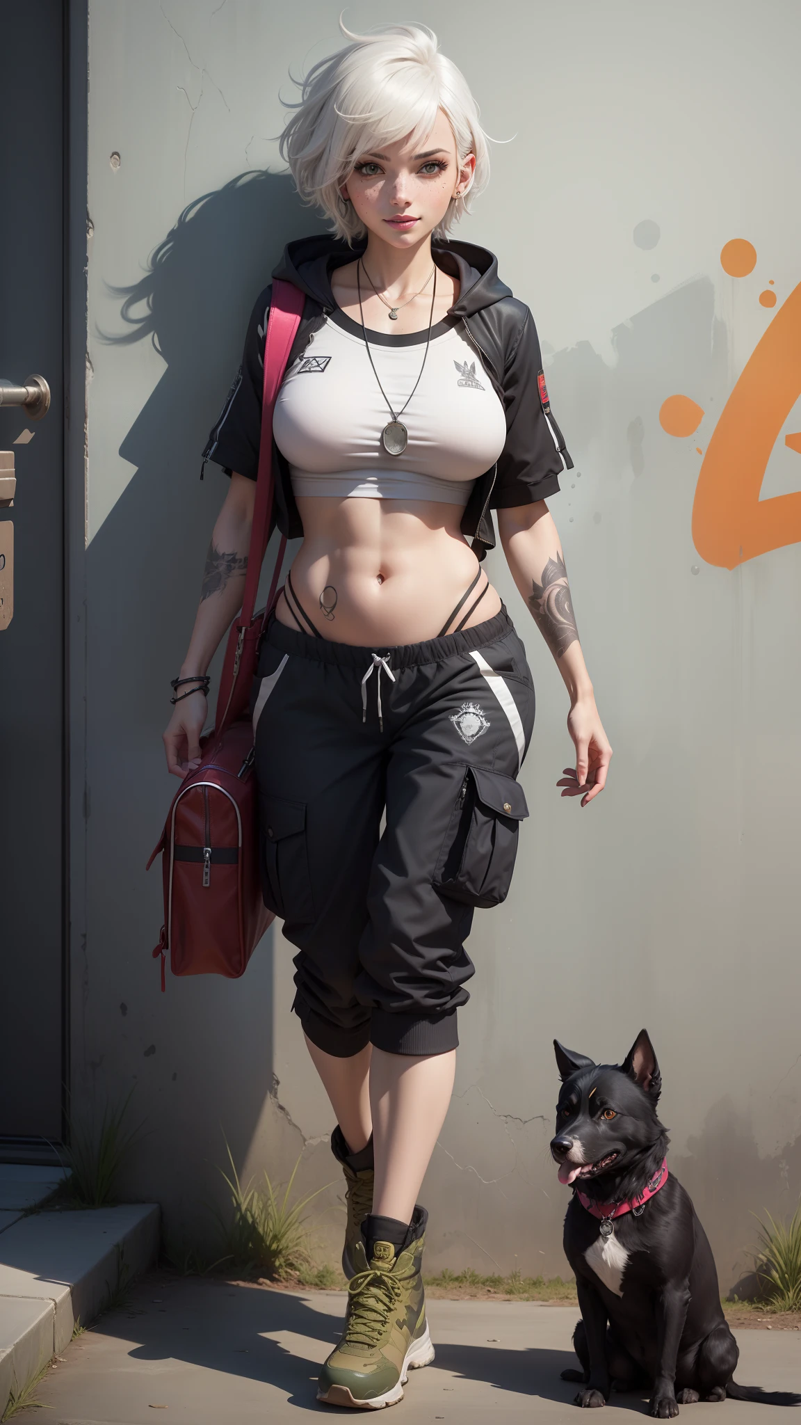 gwen tennyson,raven,y'shtola rhul,yorha 2b,overwatch,nier automata,mecha pilot,military base,tattoos,orange and pink plugsuit,white short sleeve military top,white micro cargo shorts,uncovered belly,short hair,punk makeup,green eyes,multicolored silver hair,sexy smile,freckles,beautiful girl,large breasts,8k,ultra detailed,realistic,fantasy art,military uniform,ear piercings,track suit,saiyan girl,short sleeve military hoodie,military beanie,graffiti wall art,walking,military bag,dog tag necklace, military boots,
