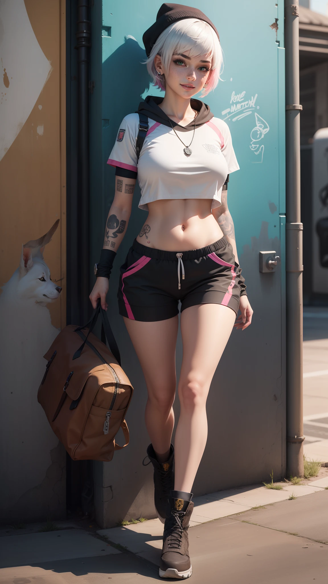 gwen tennyson,raven,y'shtola rhul,yorha 2b,overwatch,nier automata,mecha pilot,military base,tattoos,orange and pink plugsuit,white short sleeve military top,white micro cargo shorts,uncovered belly,short hair,punk makeup,green eyes,multicolored silver hair,sexy smile,freckles,beautiful girl,large breasts,8k,ultra detailed,realistic,fantasy art,military uniform,ear piercings,track suit,saiyan girl,short sleeve military hoodie,military beanie,graffiti wall art,walking,military bag,dog tag necklace, military boots,