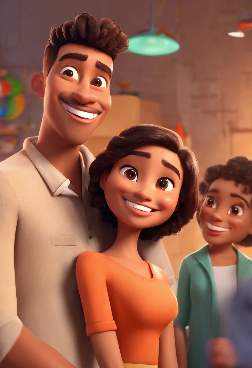 An illustration of an adorable couple, Highlight for a chubby mulatto man with glasses smiling and a brunette woman with beautiful expressive eyes - the man's skin is mulatto and the man's hair haswhile the woman's skin is black and the woman's hair is straight and brown. They are a bright room, cada um com um sorriso no rosto, e compartilhar um momento especial caracterizado pelo amor, Insights. Illustrate this scene from a perspective where they are facing the camera, Smiling and Showing Your Connection. Desenvolva esta arte em Full HD, Focus on your cinematic touch, Estilo Disney Pixar Animations