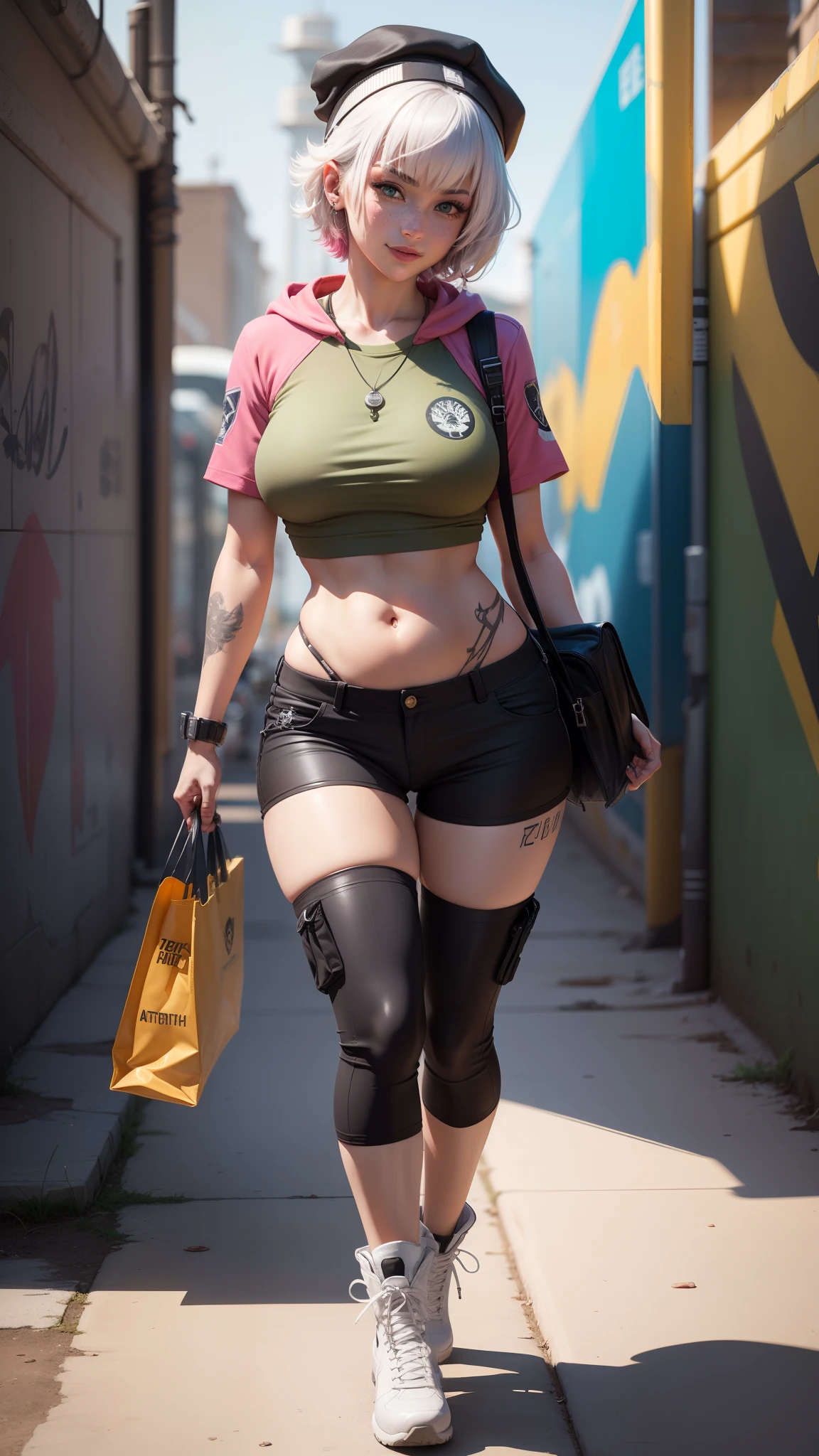 gwen tennyson,raven,y'shtola rhul,yorha 2b,overwatch,nier automata,mecha pilot,military base,tattoos,orange and pink plugsuit,white short sleeve military top,white micro cargo shorts,uncovered belly,short hair,punk makeup,green eyes,multicolored silver hair,sexy smile,freckles,beautiful girl,large breasts,8k,ultra detailed,realistic,fantasy art,military uniform,ear piercings,track suit,saiyan girl,short sleeve military hoodie,military beanie,graffiti wall art,walking,military bag,dog tag necklace, military boots,