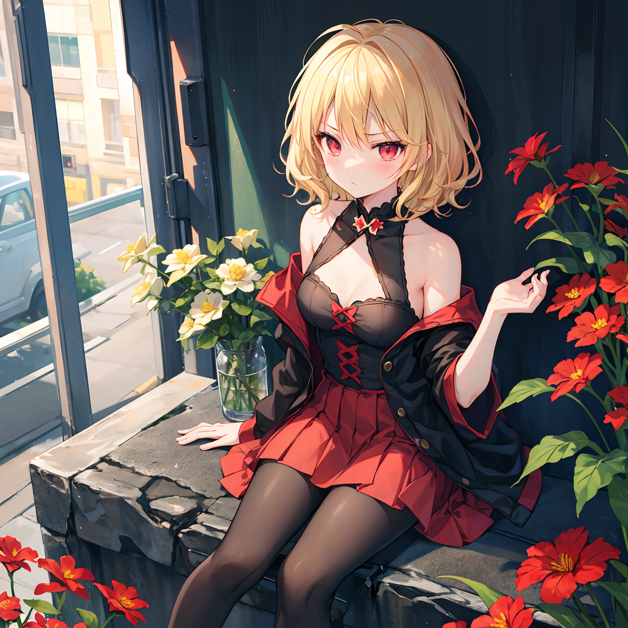 short wavy blonde hair、Red-eyed girl１a person、独奏、Sitting surrounded by flowers、red blush、off shoulders、a miniskirt、Black tights、glaring
