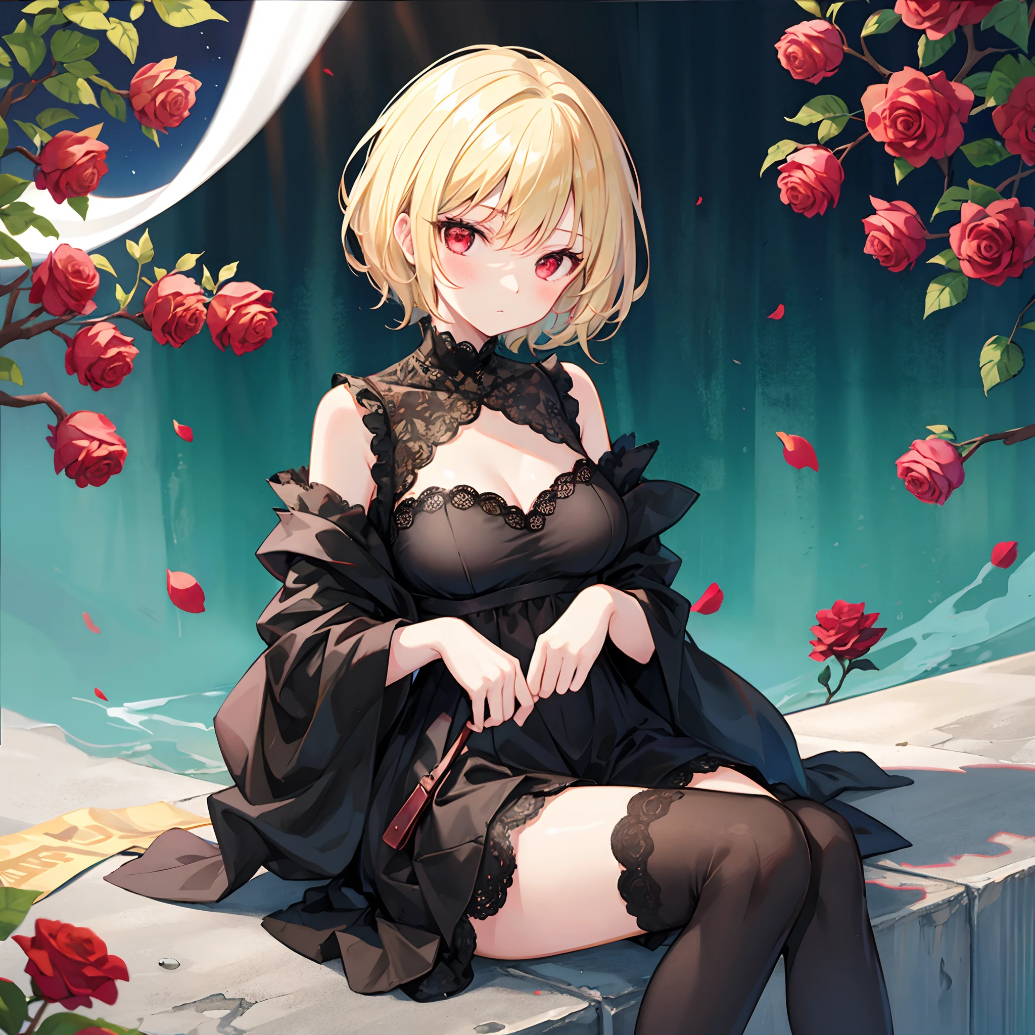 short blonde hair、One girl with red eyes、Sitting surrounded by roses、black sexy dresses、Black tights