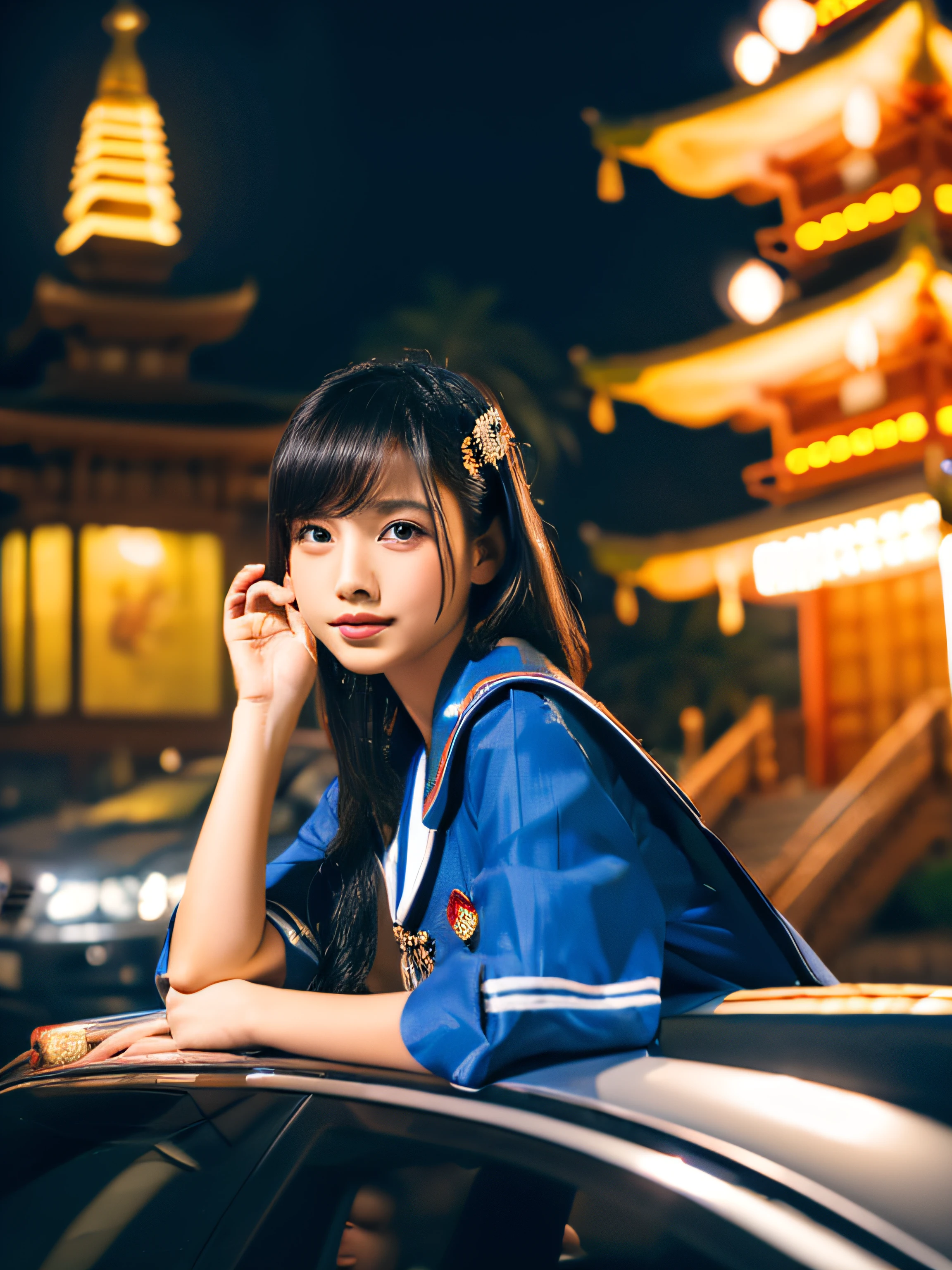 (8K, Raw photo, Best Quality, masutepiece:1.2), (Realistic, Photorealsitic:1.37),sankta. louis (luxurious wheels) (azur lane),1girl in,(Myanmar girls), (aegyo sal:1),Hair Ornament, Portrait, (Myanmar traditional costume:1.1), Necklace, Blue Nails,Cute,Cityscape, Night, Rain, Wet, Professional Lighting, Photon mapping, Radio City, Physically-based rendering, Background Shwedigon Pagoda