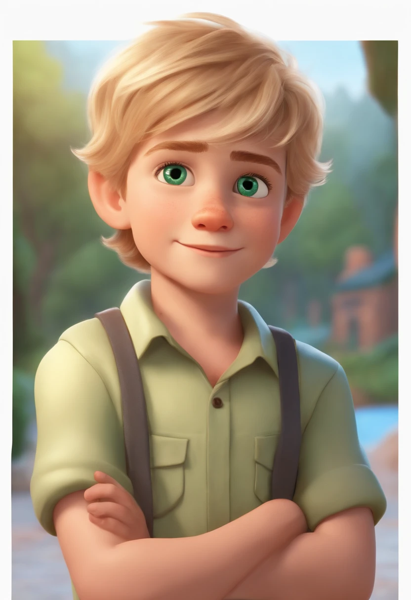 Image of a blond boy, brown hair, green beard eyes for a story in a YouTube video in Pixar format, He's the little allabester, He's the class leader, He's outgoing, Playful and gets up for a lot of things