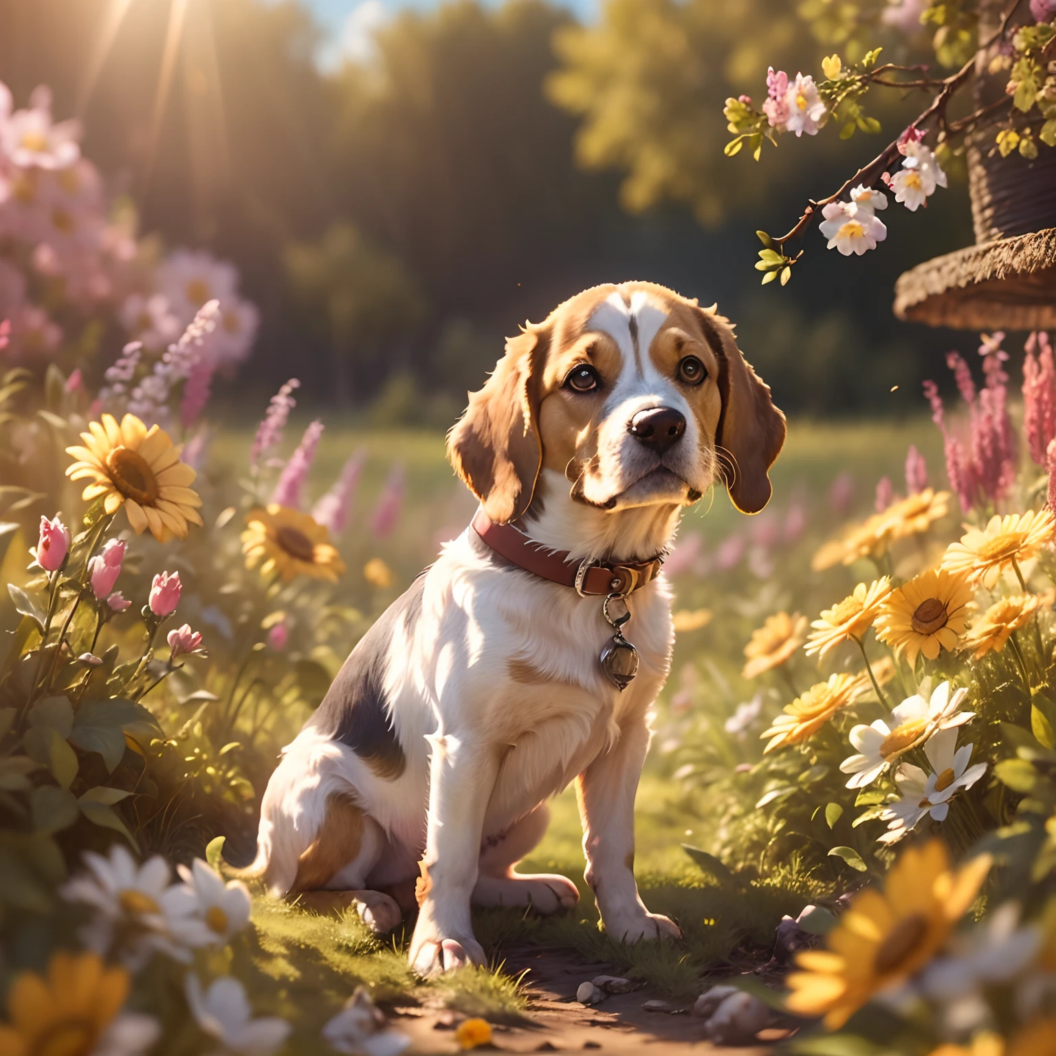 An elderly beagle dog with angel wings and halo and a  beagle by his side, Paisaje de campo de flores en el fondo, sunny day, Sunlight Reflecting Camera Lens, 4k ,8k, Ultra HD |