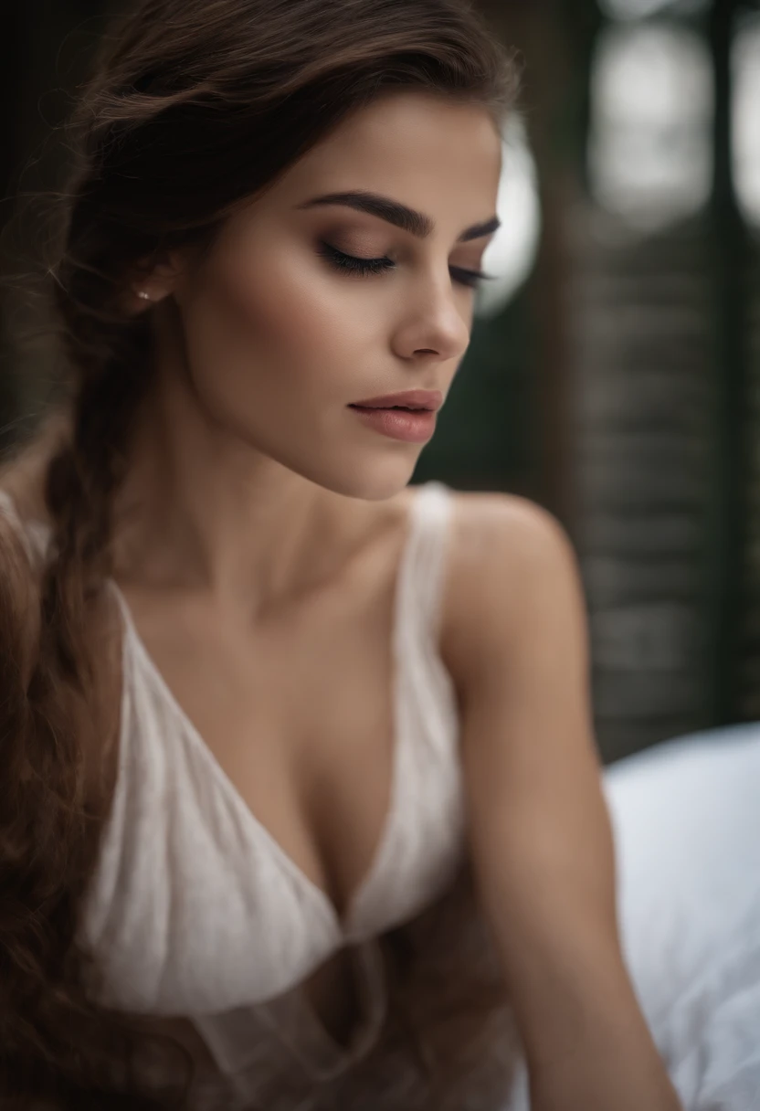 beleza, Rosto oculto, 1 girl, beleza: 1.3, Abs esguio: 1.1, colete camisole, cabelos longos e morenos, (sentado na cama), Rosto ultra-detalhado, Highly detailed lips, Olhos detalhados, double eyelids