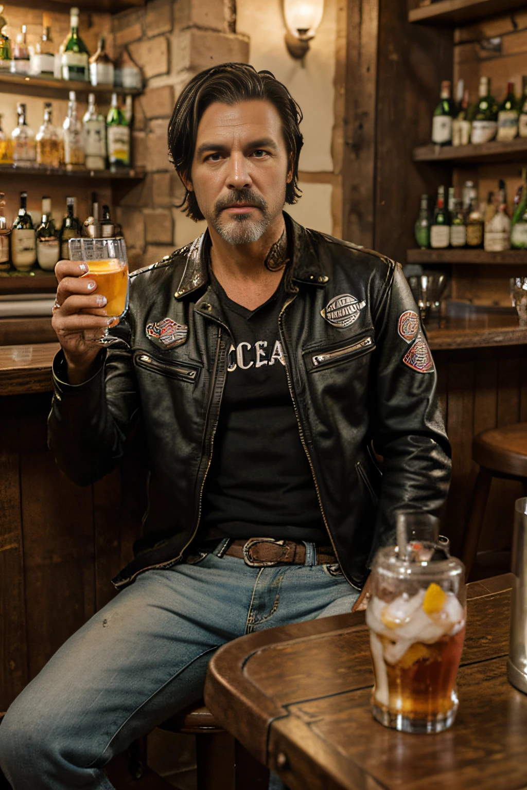 handsome rustic man, with black hair, 50 years old, member of a SON OF ANARCHY style motorcycle club, with typical clothes, green eyes, well-defined mouth and hands, sitting with a glass of coca-cola and ice on the table, in a characteristic bar with people drinking in the background