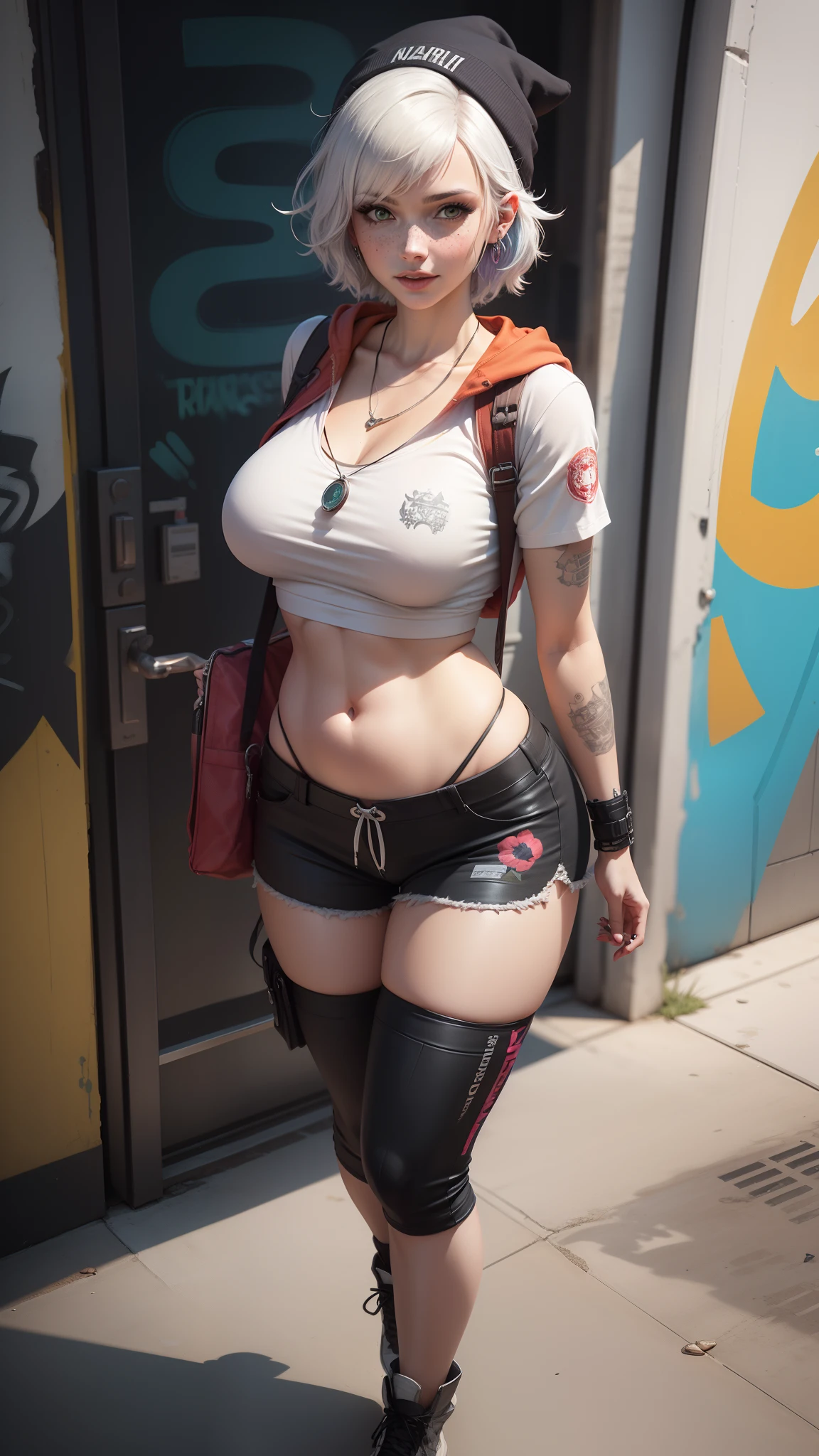 gwen tennyson,raven,y'shtola rhul,yorha 2b,overwatch,nier automata,mecha pilot,military base,tattoos,orange and pink plugsuit,white short sleeve military top,white micro cargo shorts,uncovered belly,short hair,punk makeup,green eyes,multicolored silver hair,sexy smile,freckles,beautiful girl,large breasts,8k,ultra detailed,realistic,fantasy art,military uniform,ear piercings,track suit,saiyan girl,short sleeve military hoodie,military beanie,graffiti wall art,walking,military bag,dog tag necklace,