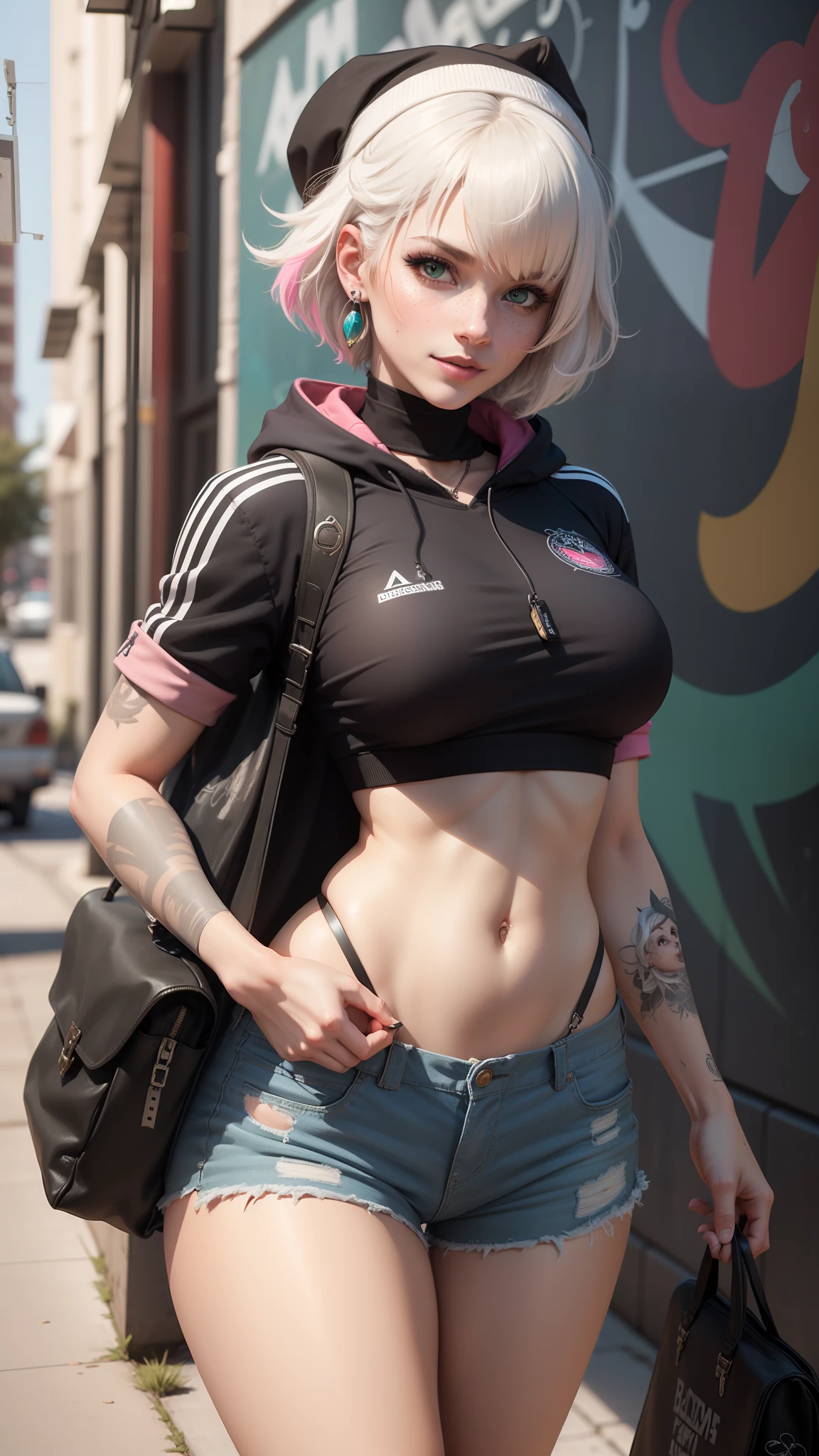 20k photograph, A full body photo, photorealistic, 20 years old American woman, Masterpiece of realistic style, exceptional quality and ultra minute details, sensual hot, super sexy, super sensual, hyper hot, very dark night school outfit bright colors white color, short pink hair, goddess red, white top with red, plaid skirt and stripes, detailed face hazelnut eyes, detailed face, detailed eyes, cyberpunk empty city, mexico rainy night with mist, alone, tanned, hazelnut eyes, thin nose elongated face, narrow pumulus athletic body, muscular body, , very narrow waist, , fitness body, detailed face, detailed body, detailed muscles, detailed skin, miniskirt, short skirt, arms behind, curvy, hdr, 8k, best quality, detailed, (very large fake silicon implants)