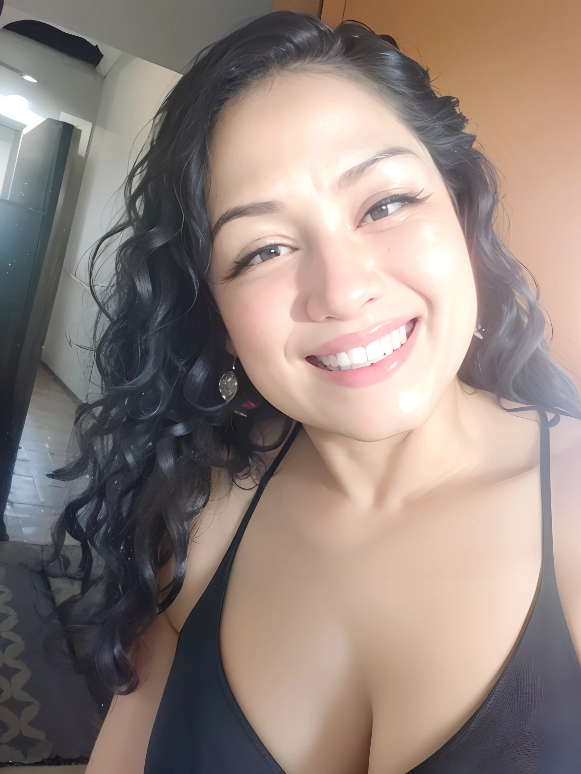 Smiling woman with long black curly hair wearing a black bra top, Mulher de 30 anos, 3 0 anos de idade mulher, 3 5 year brazilian mother, Alanis Guillen, cerca de 3 5 anos, lindo rosto latino, (38 anos), happily smiling at the camera, Parece Laura Barriales, Mulher de 30 anos de Cuba