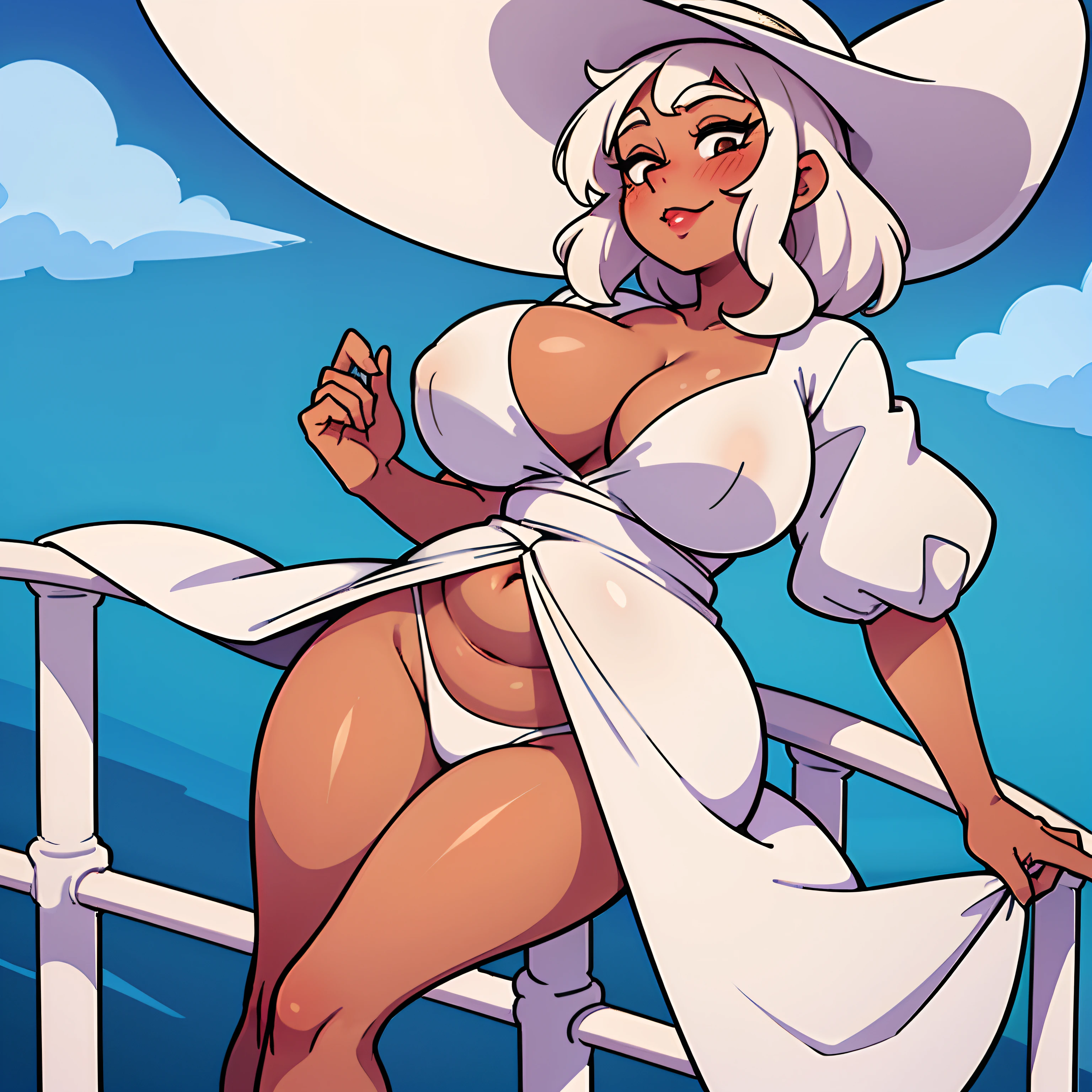 Very sexy woman, tall, enormous belly, gorgeous long legs, fat body. Standing aboard the front deck of a fancy white yacht, leaning over the railing. wearing a short furled dress, fancy hat, lipstick, blush, perfect white hair, tan skin