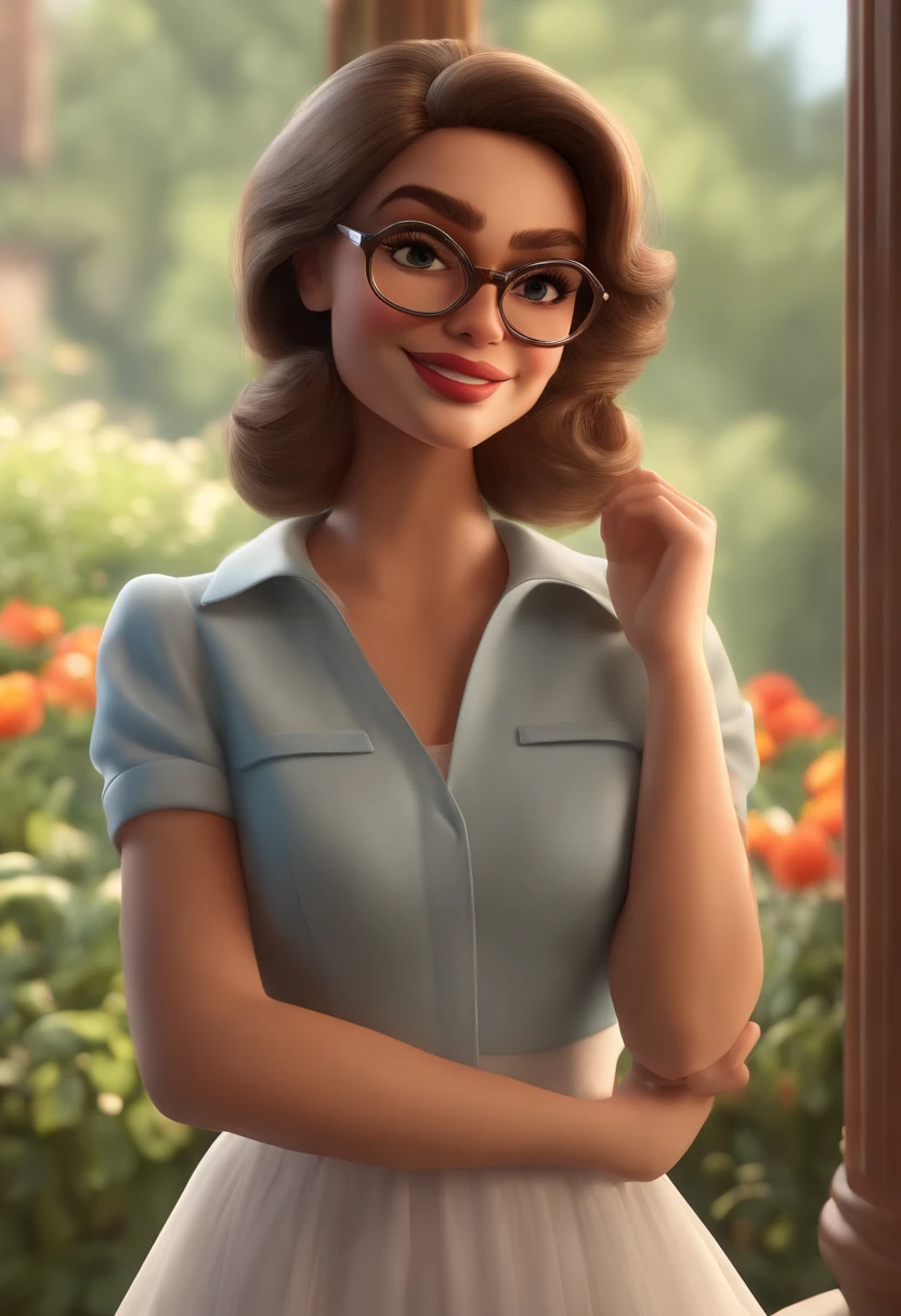 "(best quality,ultra-detalhado,Realistic:1.37),3D rendering,illustration,design de personagens,cabelos curtos e cacheados escuros,belos olhos detalhados,wearing white glasses,Estilo Pixar,morena mulher,Dancing on the Disney stage,atmosfera animada,vivid colors,luzes de palco,expression joyful"