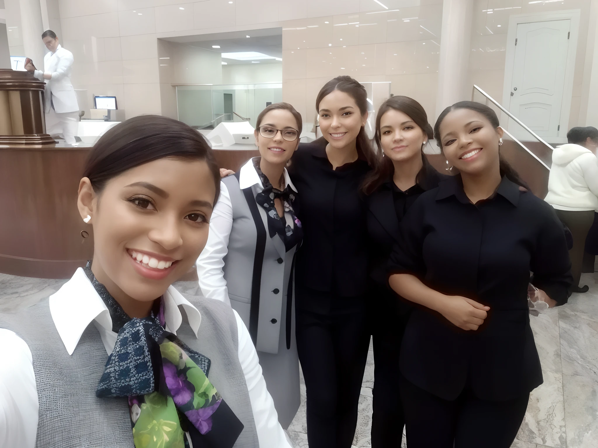 several women in business attire posing for a picture in a lobby, ready for a meeting, profile picture, beautiful surroundings, selfie photo, selfie!!!!!, in sao paulo, beautiful photo, profile pic, beautiful views, beautiful girls, beautiful faces, competition winning, posing for the camera, beautiful view, posing for camera, selfie, photo taken in 2 0 2 0