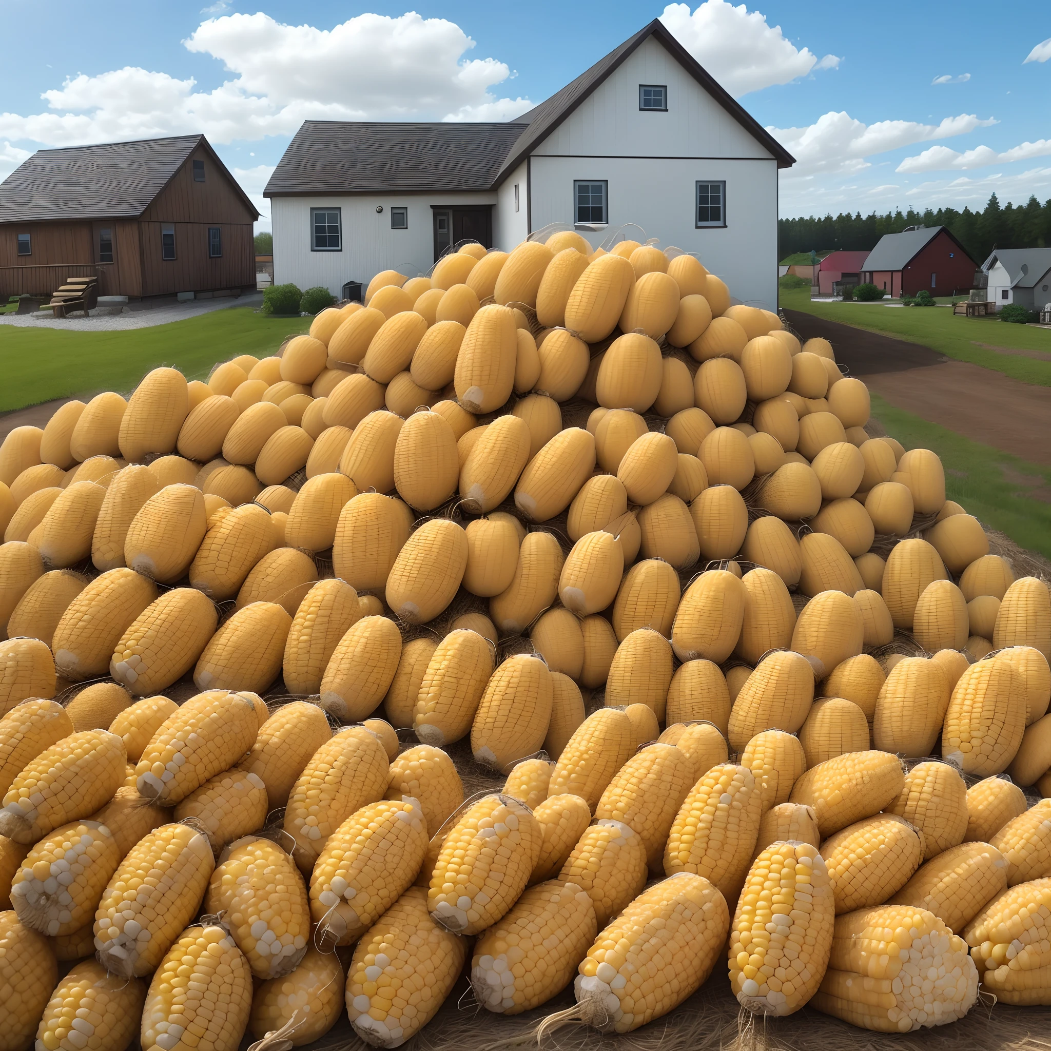 By the cottage,In the yard,The sky is blue,Corn cobs piled up in the yard