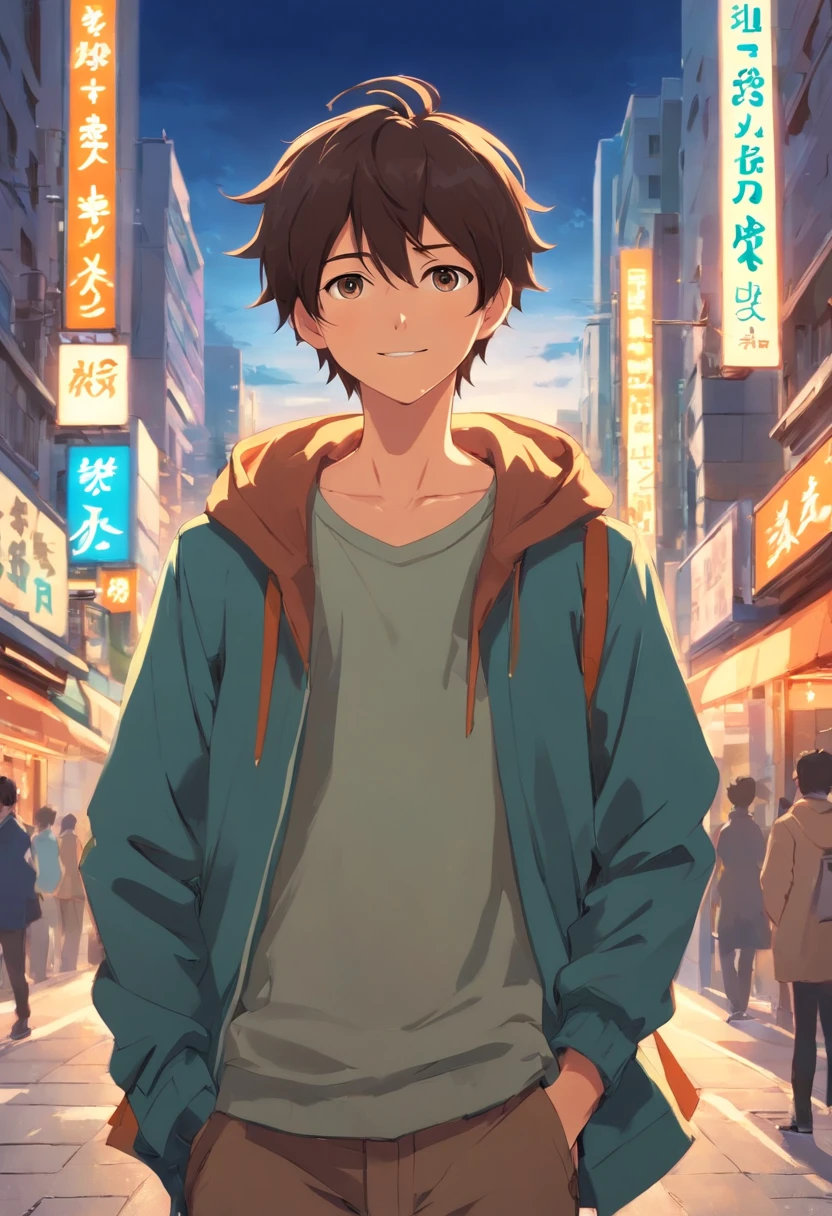 A boy, transformed into an anime style, with exaggerated unique facial features and clothing, standing on a bustling city street, backlit background highlighting the subject, high-contrast colors, 4K high-definition quality,young, smiling, handsome