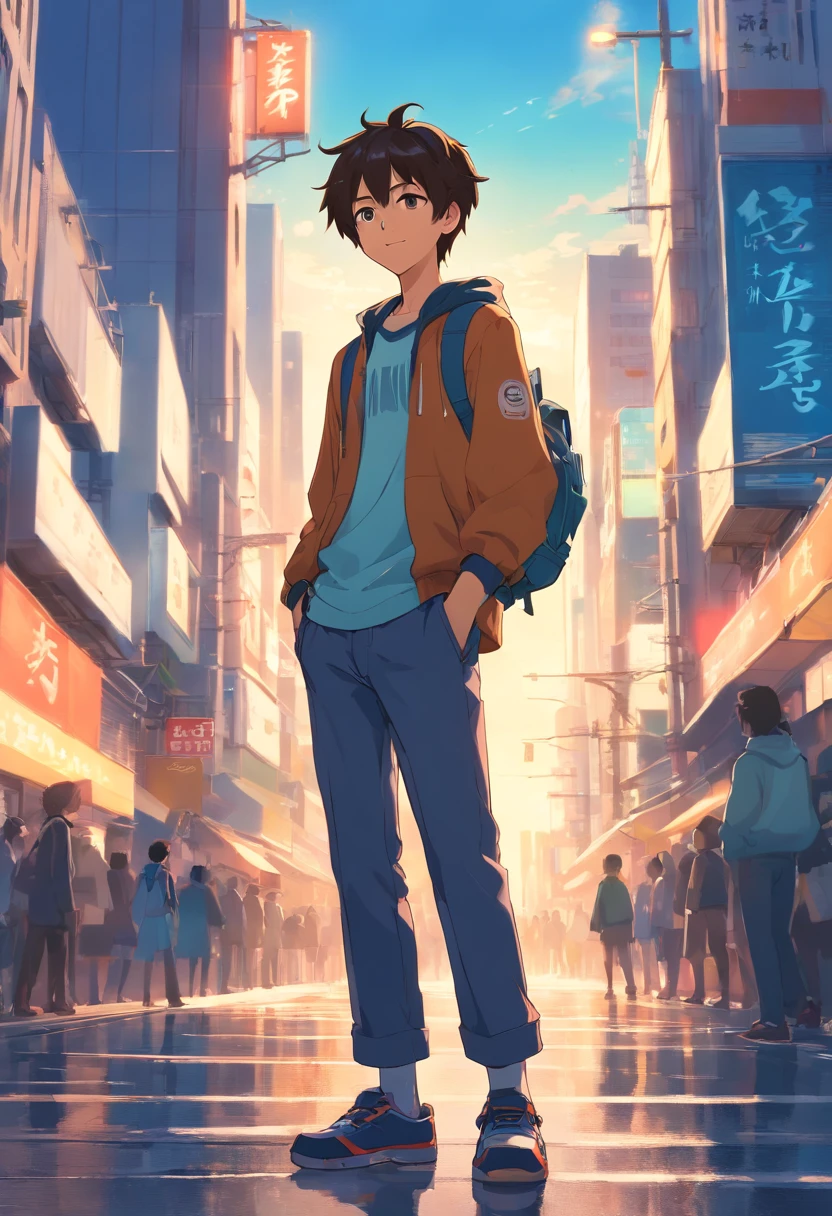 A boy, transformed into an anime style, with exaggerated unique facial features and clothing, standing on a bustling city street, backlit background highlighting the subject, high-contrast colors, 4K high-definition quality，young, smiling, handsome