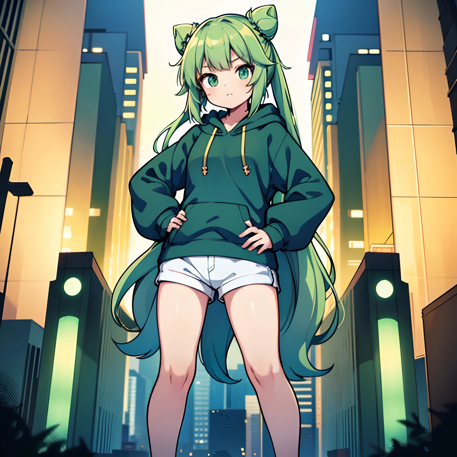 1girl, solo, teen, vtuber girl, green hair, long hair, hair buns, straight hair, green eyes, cat shaped eyes, bodysuit, ((hoodie, oversized hoodie)), white hoodie, blue scarf, metropolis, city background, people around, standing, looking at viewer, hands on hips, masterpiece, illustration, 4k