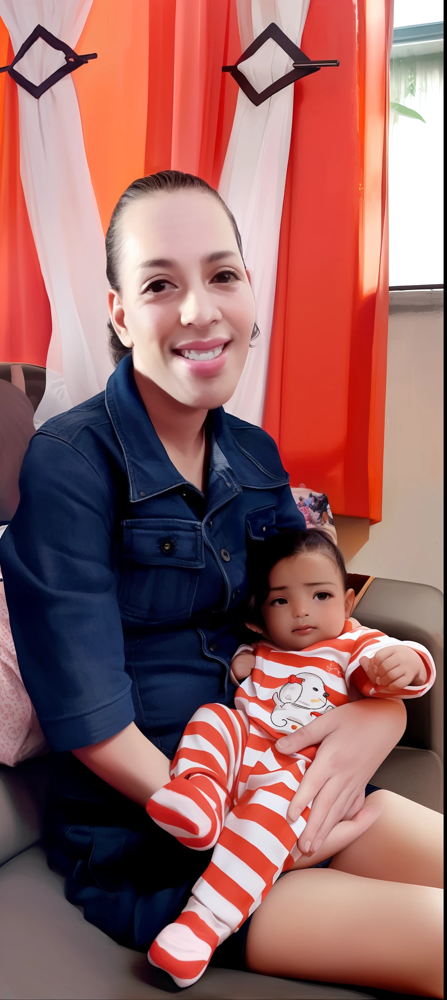 Woman sitting on a sofa holding a on her lap, with a kid,bies in her lap, Mulher de 30 anos de Cuba, editing, Com o Menino Jesus, imagem de qualidade muito baixa, Jaqueline E, Lorena Avarez, bem editado, Malika Favre, Directed by: Judith Gutierrez, Alanis Guillen, album photo, foto aprimorada