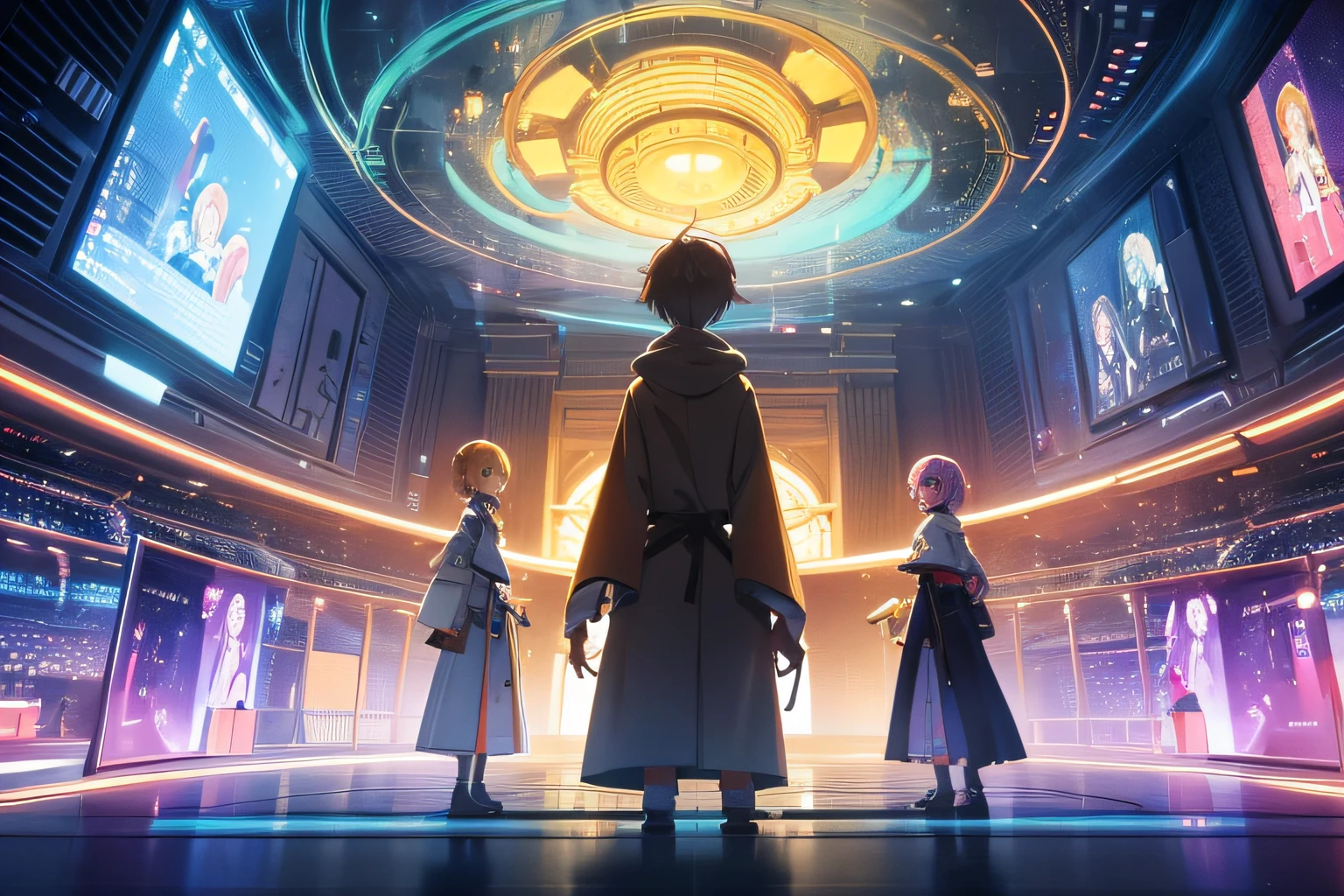 {{{masutepiece}}},{High quality},{detaileds},Studio Ghibli Taste,In this scene, Three guild members gather around a large holographic screen, Discuss Your Mission. Their expressions are serious, And their hands are moving, Work with digital information on the screen. The room is filled with magic and the glow of a digital screen, Create a unique blend of ancient and modern. Shots must be taken with a medium telephoto lens, Focus on guild members' interactions with digital screens. The colors are vibrant, With a magical light that depicts the whole room. --ar 16:9 - V5.1 --Style raw --Q 2 --S 750