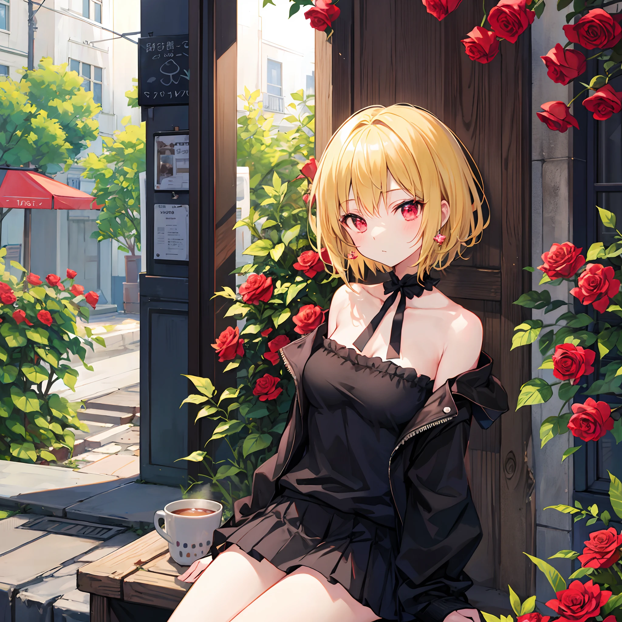 short blonde hair、Red-eyed girl、Sitting surrounded by roses、doress、a miniskirt