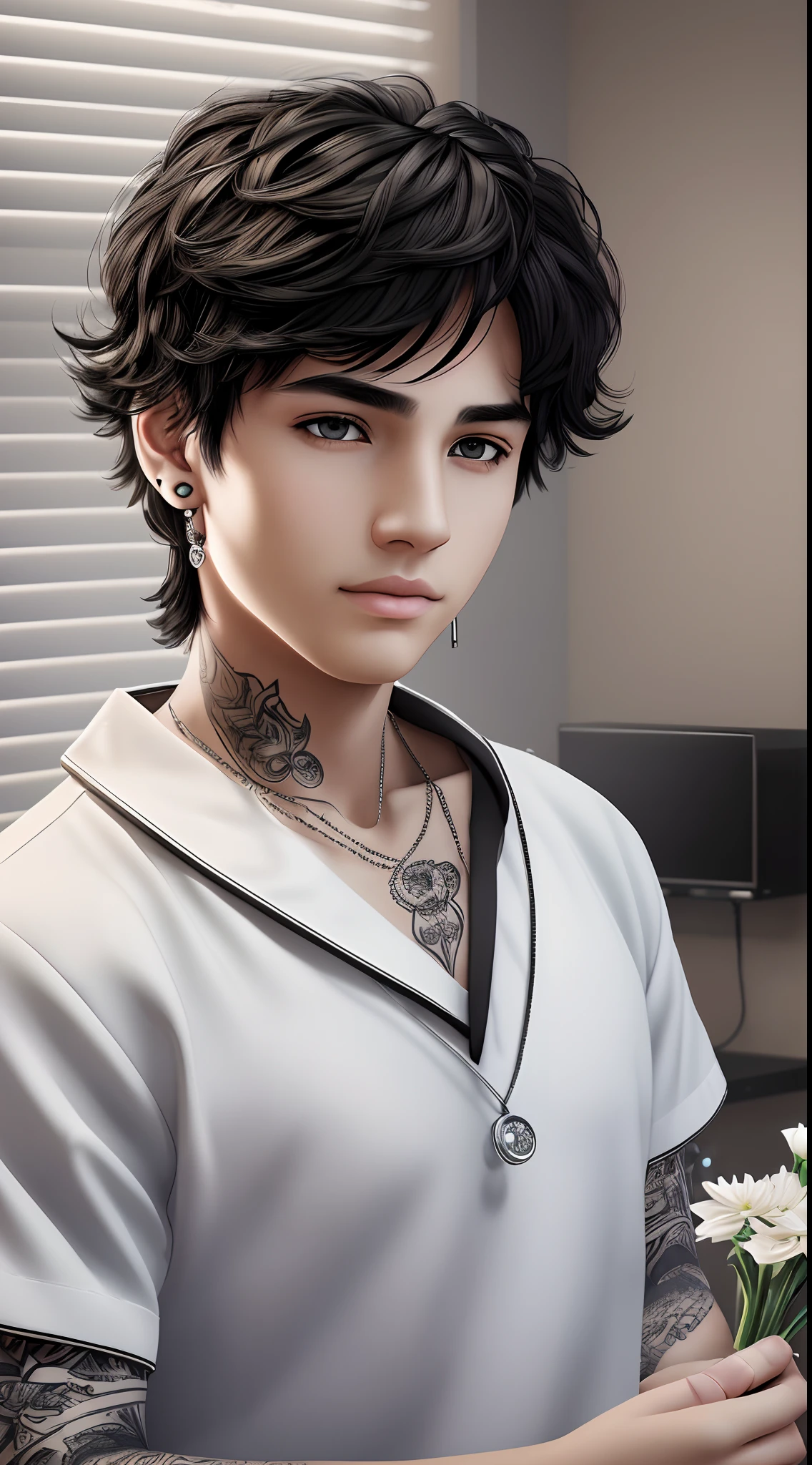 (tmasterpiece, high resolution, ultra - detailed:1.0), (1 boy, Young male), Eyes looking at the camera, Perfect male body, Extremely detailed CG, 8K wallpaper, Complicated details, solo person, Detailed face,(Black hair, Black sweater, black eyes, White shirt, white skin, handsome, 29 years old, ear piercings, lip ring, tattoed, in a hospital room, holding flowers.), color difference, Depth of field, dramatic shadow, Ray tracing, Best quality, Cinematic lighting, offcial art, cartoon style --auto --s2