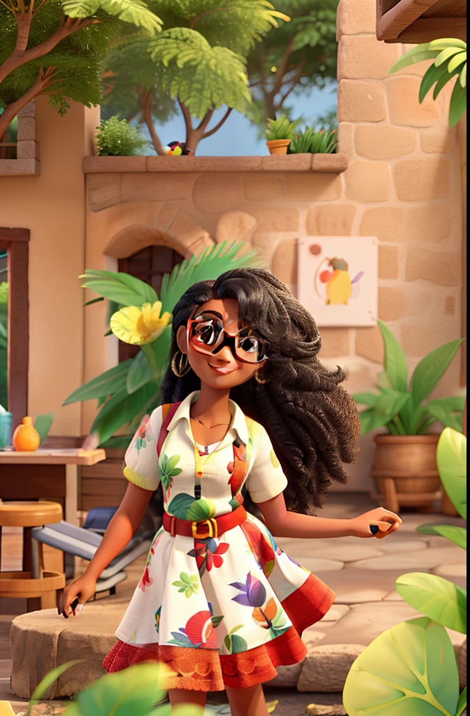 Mulher negra com um sorriso, de cabelos cacheados posando sentada, She wears red glasses and a toucan dress, In the back scenery there are plants, almofadas e um lago.