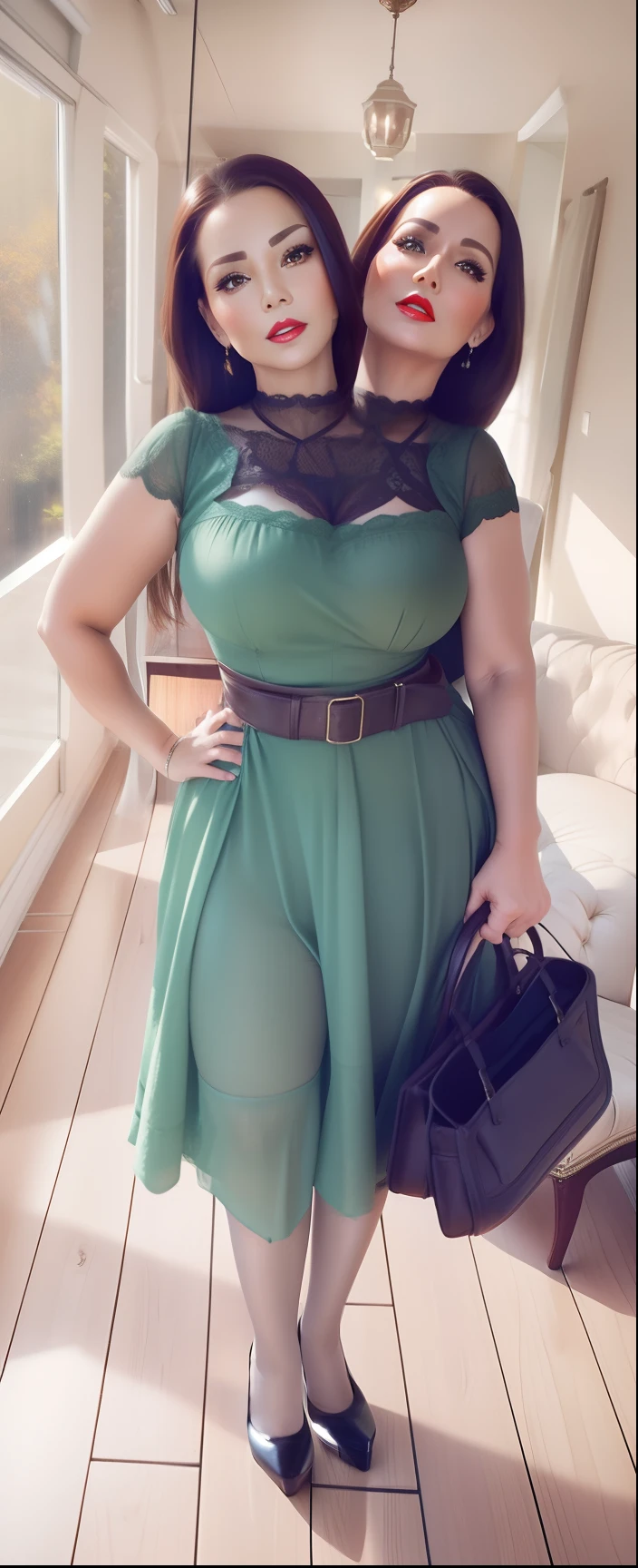 2 heads,Photo of a 50-year-old woman with brown hair, a captivating gaze, Brown eyes, Wrinkles on her face, Black pantyhose,Black High Heel Boots,She wears very sexy lingerie underwear、、Revealing her large sagging breasts, Light makeup and red lips. 32K