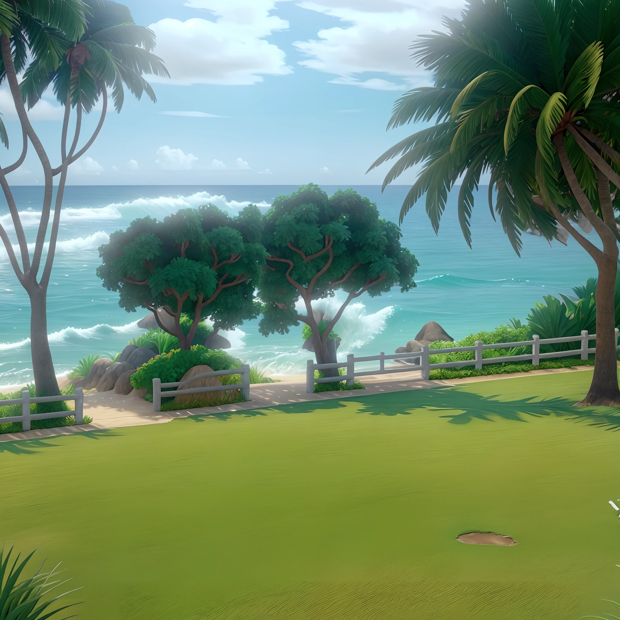 3d animation cartoon background of this scene, beautiful beach , there is a white fence made of concrete, lots of plants near the fence, the grass is bright green, The sea water is bright blue and the waves are beautiful, the sky is blue with lots of clouds