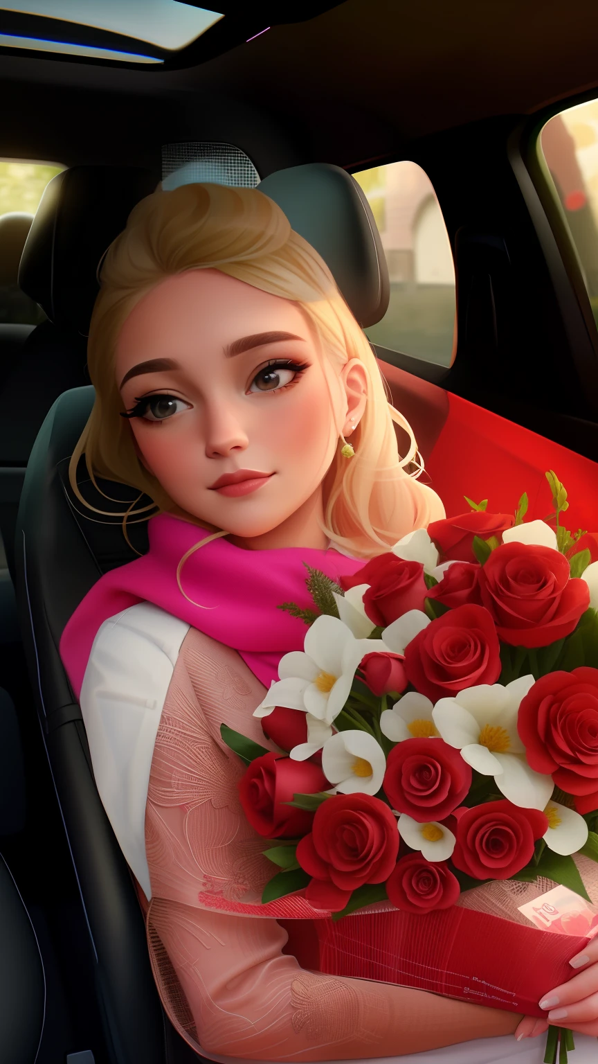 Blonde woman in a car with a bouquet of red roses, com flores, imagem de perfil, Alexandra Waliszewska, carregando flores, Madalena Radziej, foto do perfil, Ekaterina, Alina Ivanchenko, Anastasia Ovchinnikova, Viktoria Gavrilenko, Moleksandra Shchaslyva, Directed by: Anna Haifisch, Segurando flores