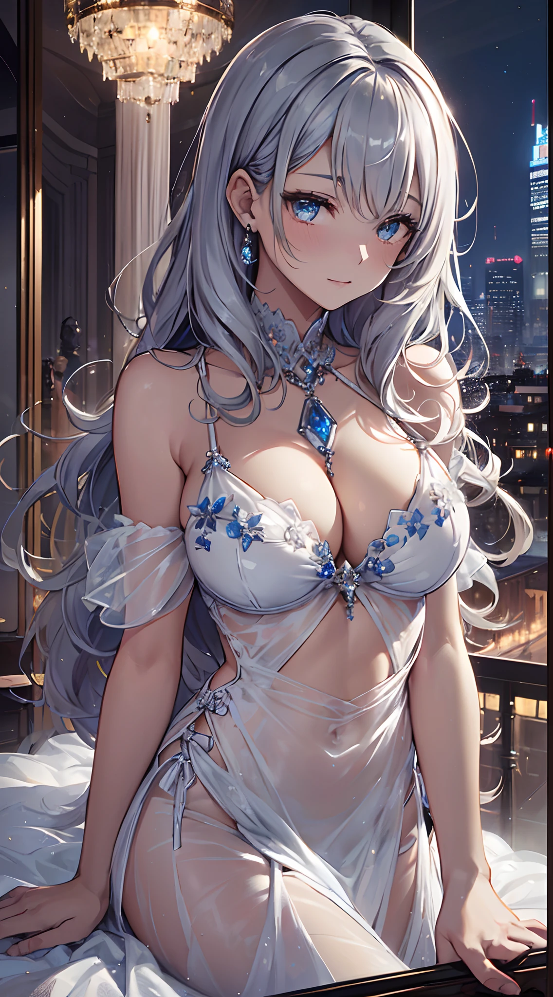 top-quality、Top image quality、tmasterpiece、8kK、Girl vs((Sixteen years old、Best bust、Medium bust、Enchanted、Seductive posture、Leigh's sapphire eyes、Cute face of a girl、Breasts wide open,Slightly curly silver hair、big bast、slenderness、Great Valley、Silver bikini、Dressed in a white translucent aristocratic gown，Reflectors)）highest  quality、beautiful art、Background with((luxury hotel、Night view windows)))masutepiece、visual art、depth of fields、Diamonds adorn clothes，glitters，full bodyesbian