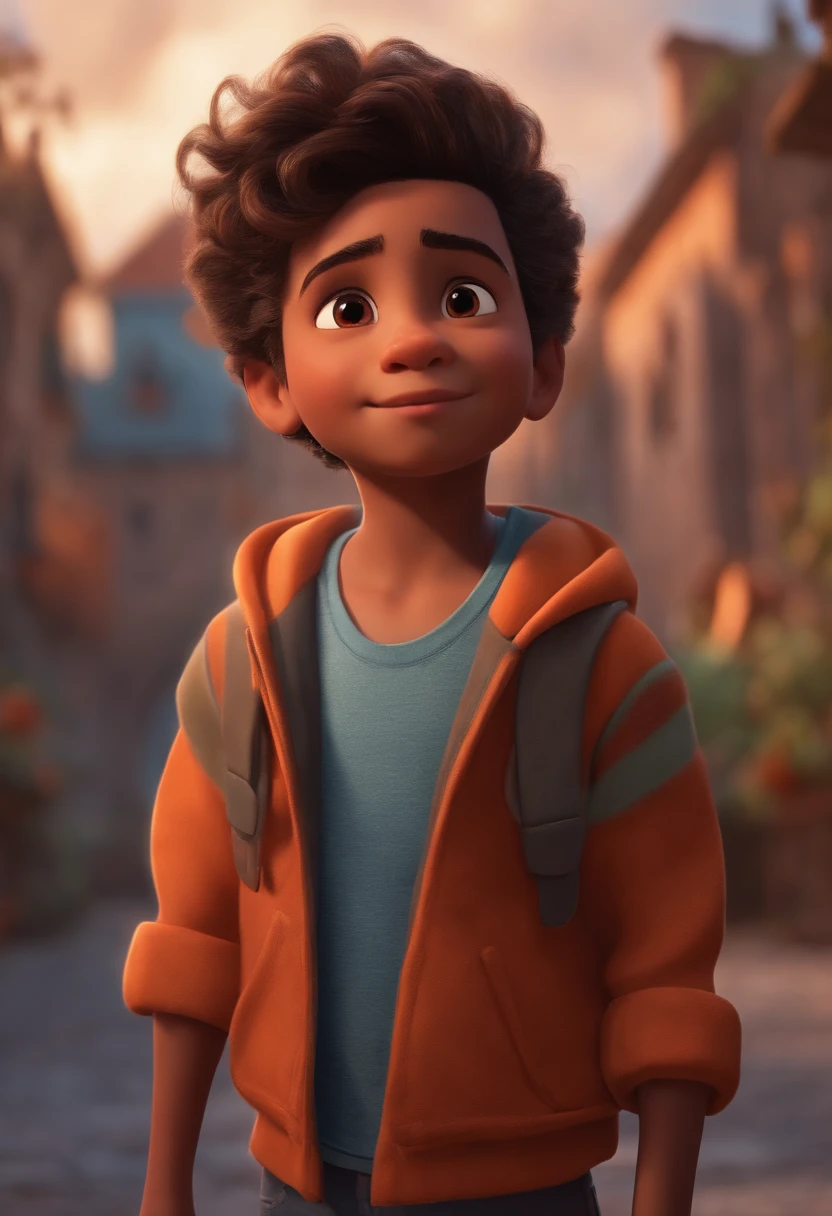 Image of a boy for a story in a YouTube video in Pixar format, He's the little allabester, He's the class leader, He's outgoing, Playful and gets up for a lot of things, cabelo curto enrolado