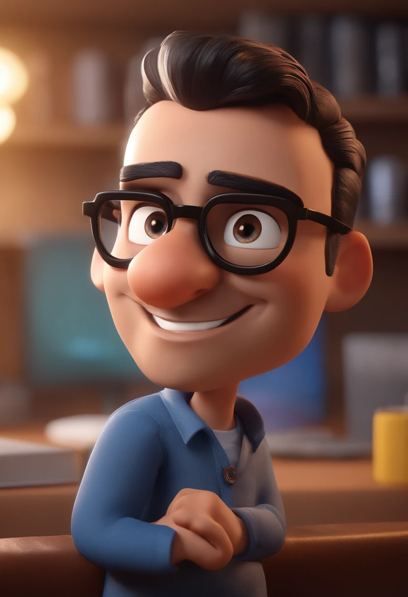 Cartoon character of a man with black glasses and a blue shirt, animation character, Caractere estilizado, animation style rendering, 3D estilizado, Arnold Maya render, 3 d render stylized, toon render keyshot, Personagem 3D, Personagem 3D, 3d rendering stylized, 3 d character render, personagem de desenho animado, Personagem de close up, Pose de personagem, (Estilo Pixar) (master part:1.2) (Bokeh) (best quality) (pele detalhada) (textura detalhada) (8k) (argila) (Cinematic lighting) (foco nítido