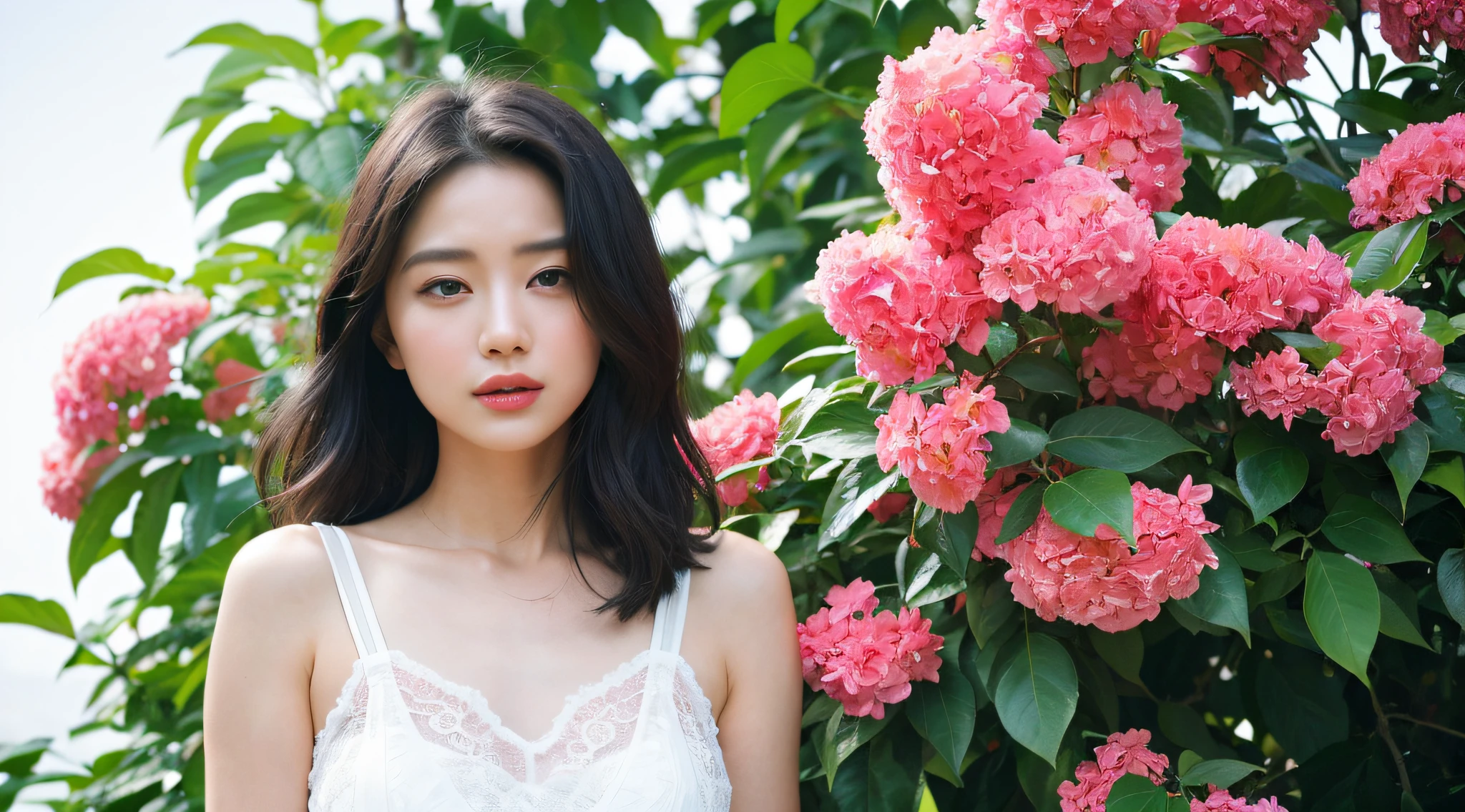 (Highly detailed body,Highly detailed face,Best quality at best:1.2) ,A woman who is,looki at viewer,(White suspenders,stocklings),(Pink bougainvillea chaos in the background:1.4),( (8K:1.27), Best quality at best, tmasterpiece, 超高分辨率:1.2) Photo of beautiful asian woman,(mediuml breasts:1.0), (middle areolae:0.8), (realisticlying:1.4), (Best picture quality:1.0), (超高分辨率:1.0),(No hands:1.3)