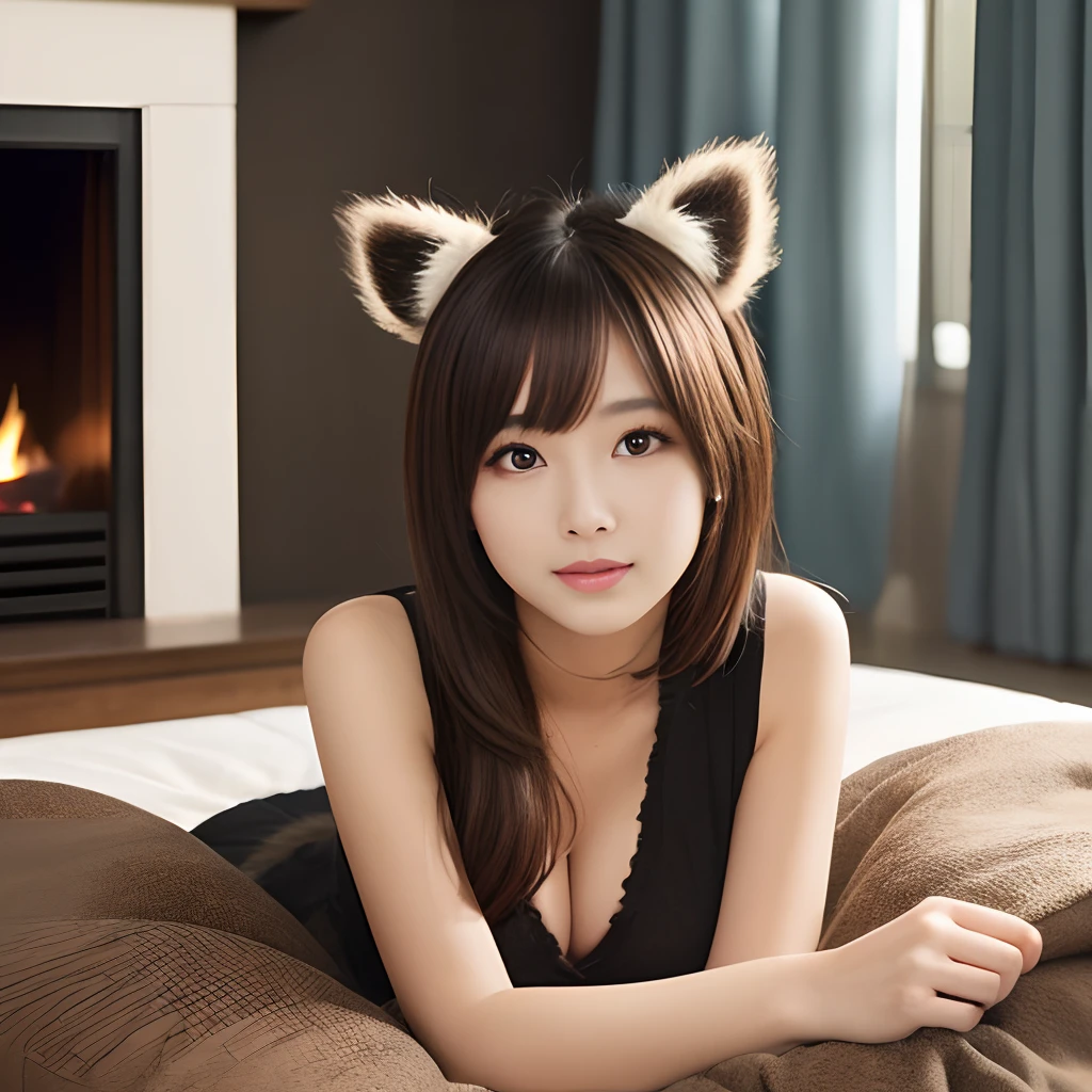 Top image quality、high-level image quality、a picture、gravure、raccoon ears、Bushy tail、brown colored long hair、fluffly、In front of the fireplace、Warmth、Warmth、Brown eyes、Beautuful Women、a bed、futon bedding、