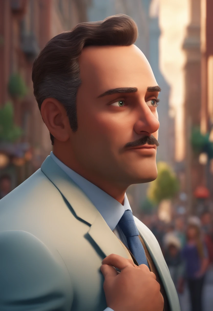 A city councilman looking at a dream project inspired by Pixar animation, de perto. The character takes center stage with captivating facial expressions, oferecendo um toque de irrealidade