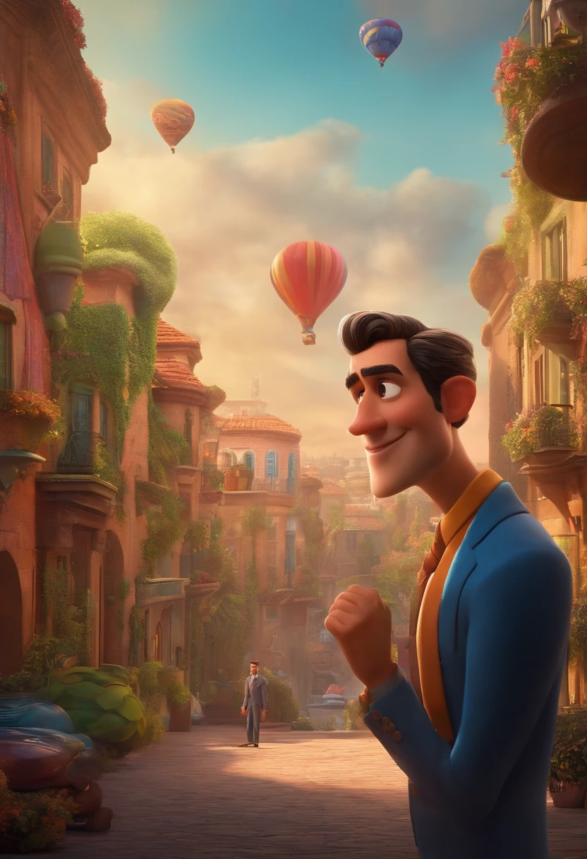 A city councilman looking at a dream project inspired by Pixar animation, de perto. The character takes center stage with captivating facial expressions, oferecendo um toque de irrealidade