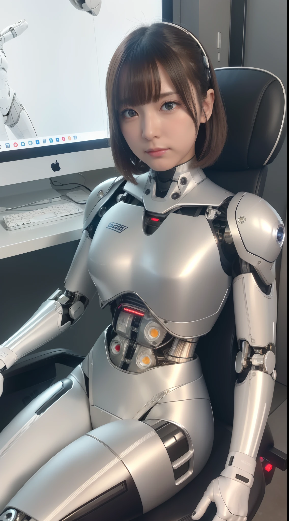 (8k, RAW photo, best quality, masterpiece:1.2), (realistic, photo-realistic:1.37), ultra-detailed, wallpaper, 1girl, cute, look-like (Watanabe-Mayu), detailed face, (cyborg eye), short hair),(complex 3d render ultra detailed of a sci-fi white-iron suit:1.2), (android face:1), (cyborg), (robotic parts), (luxurious cyberpunk), (hyperrealistic), (anatomical), (cable electric wires), (microchip), (robot), (silver halmet), (Sit upright in an office chair), (full-body:1), detailed office, morning, professional lighting, cinematic lighting, photon mapping, radiosity, physically-based rendering,