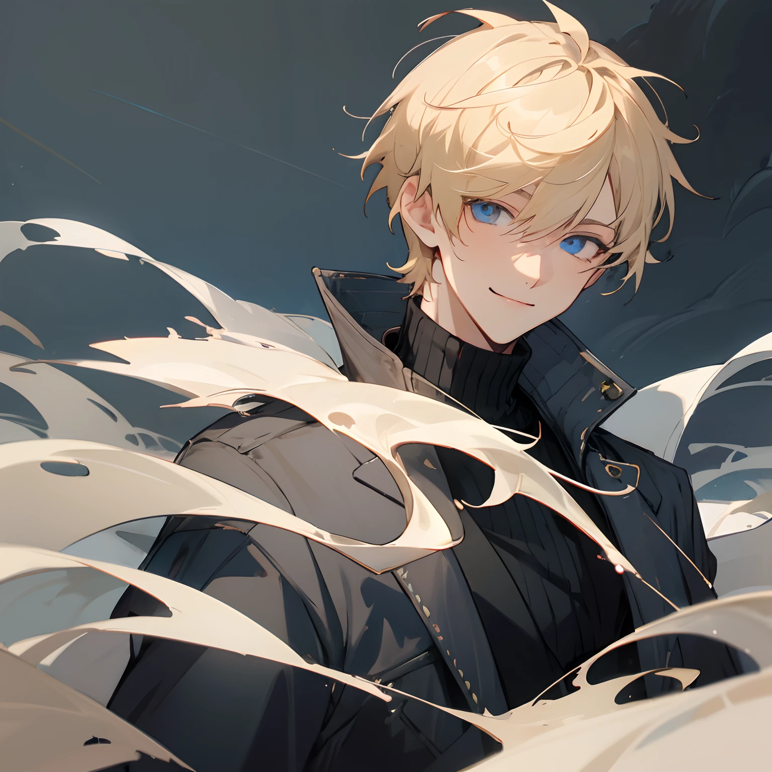 Blonde hair , blue eyes , black turtleneck jacket , adult male , smiling expressions , stormy village background , messy hair , short hair , undercut hair