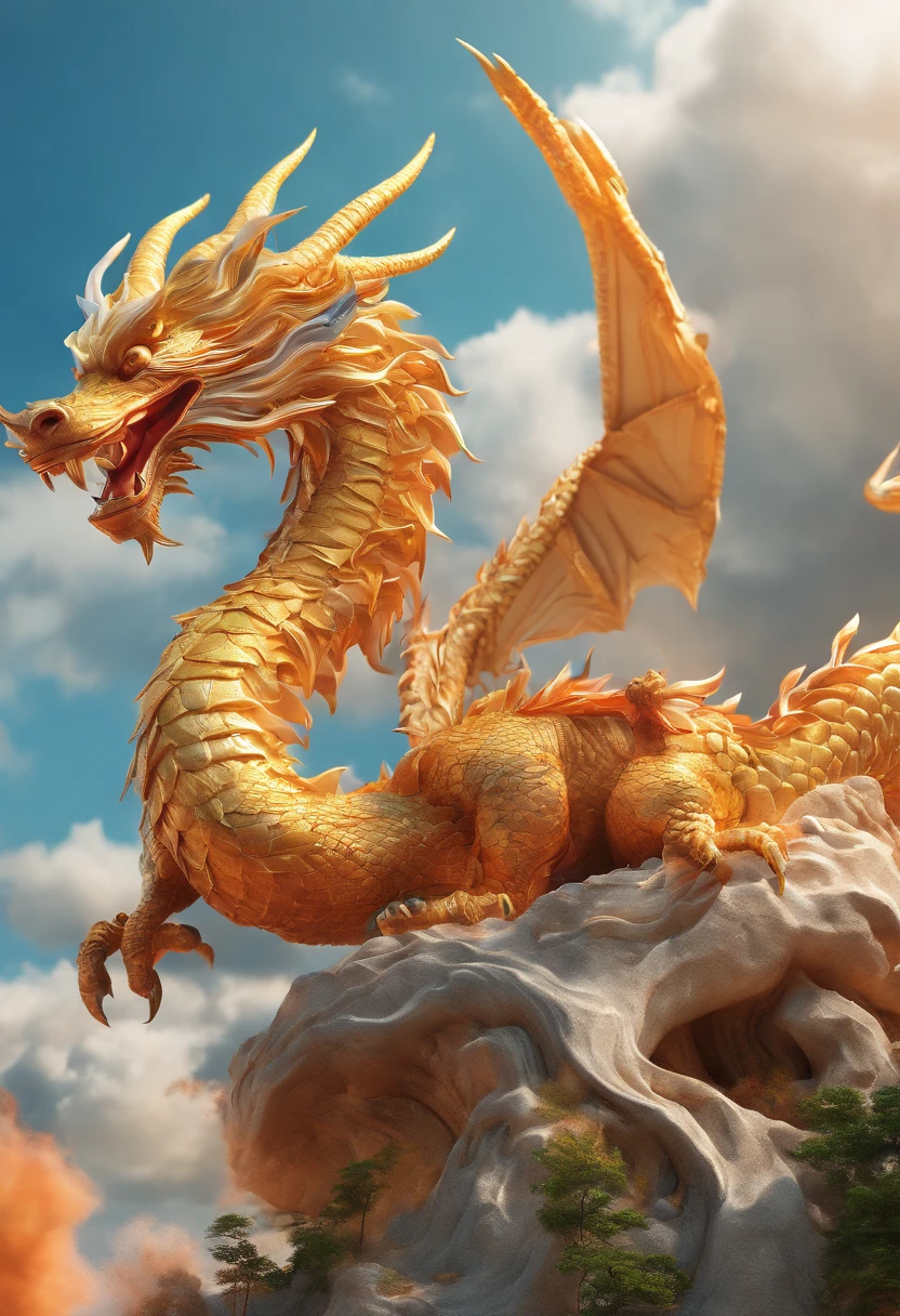 ((Masterpiece)), (((Best quality))), ((Ultra-detailed)),  (Amazing:1.1),Chinese Dragon, Nature, sky and ground, Big wind, wind blown, Line Cloud,Light shoot from the cloud,with blue sky and white clouds, an award winning photograph, BLN-L24,High contrast,Low saturation,High saturation 8k 3D, F 2.8lens, Aerial view, Cinematic lighting