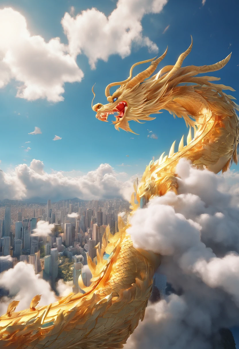 ((Masterpiece)), (((Best quality))), ((Ultra-detailed)), (Amazing:1.1),Chinese Dragon, Nature, sky and ground, Big wind, wind blown, Line Cloud,Light shoot from the cloud,with blue sky and white clouds, an award winning photograph, BLN-L24,High contrast,Low saturation,High saturation 8k 3D, F 2.8lens, Aerial view, Cinematic lighting
