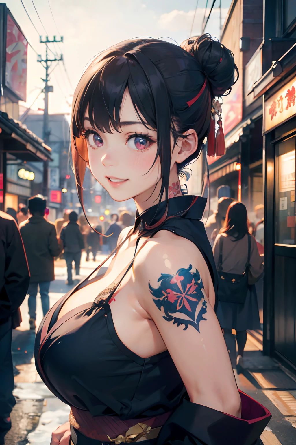 a 20 yo woman、Blackberry Hair、long twintail、Big smile、cleavage of the breast、Thighs at a glance、fishnet tights、Long cheongsam with long purple ankles on open chest、(hi-top fade:1.3)、dark themed、Muted Tones、Subdued Color、highly contrast、(natural skin textures、Hyper-Realism、Soft light、sharp) (masutepiece, of the highest quality, Best Quality, Official art, Beautiful and aesthetic: 1.2), (1girl in: 1.3), Very detailed, (Fractal Art: 1.1), (Color: 1.1) (Flowers: 1.3), (By Yuko Higuchi:1.4), Yuko Higuchi,(posted by Yow:1.2),(linear art),Line drawing,Pen drawing,Zentangle,(Tattoo patterns:1.2),(complex lines),(masutepiece),(Best Quality:1.1), (Ultra-detailed),Best Illustration,finely detail,hand-drawn high quality,High contrast,(Clean lines:1.3),ligne claire,(Portrait),(very closeup:1.1),1 girl,Solo,The girl is wrapped in snow,(Intricate details:1.3),(Detailed background:1.2),(coloured background:1.1),sketch,Intricate details,High resolution，a moon，top-quality、8K、hight resolution、​masterpiece、(portlate:0.6)、A dark-haired、Middle hair、(grinning evily:1.3)、(Look at viewers:1.3)、(bokeh dof)、18year old、8K, masutepiece, (Photorealistic:1.5), Artistic portrait from behind ((Yakuza Girls) Wearing kimono), back tattoo, Revealing the tattoo on the back, (Dragon tattoo), Bare shoulders, huge-breasted,  Beautiful skin, Slim Fit Body, Cute face, nice appearance, look at viewr, Red hair in a bun with bangs, Foggy, Daylight, skyscapers, Clouds, Cozy and cool atmosphere, Dynamic lighting, natural, artistic，18-year-old girl Wahori skin, Yakuza, Japan Mafia, Background of Tokyo Red Light District, Realistic, Photoreal, masutepiece, Best Quality, Movie photo of a Japan cartel gang with tattoos, epic lighting, Yakuza tattoos on Japan, japanese art on behance, Japan culture, Sexy, Exotic, Erotic，Tattoo of butterflies and flowers on the upper body，Tattoo of a huge number of flowers on the arm、