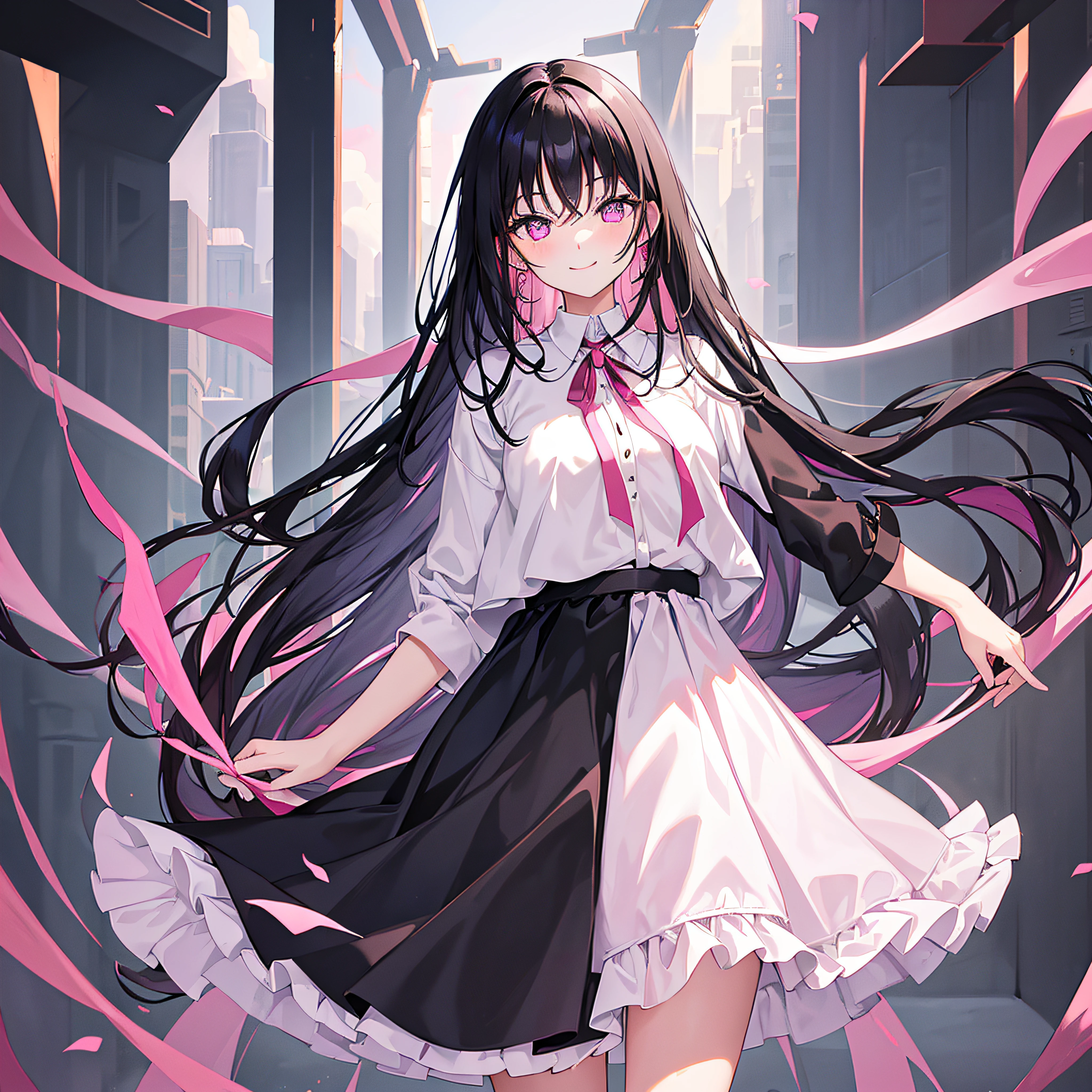 1 Black-haired tall girl with pink colored eyes, -18 years olsmiling, dark magic, tall, fantasy, long hair, white shirt, black skirt, chest ribbon