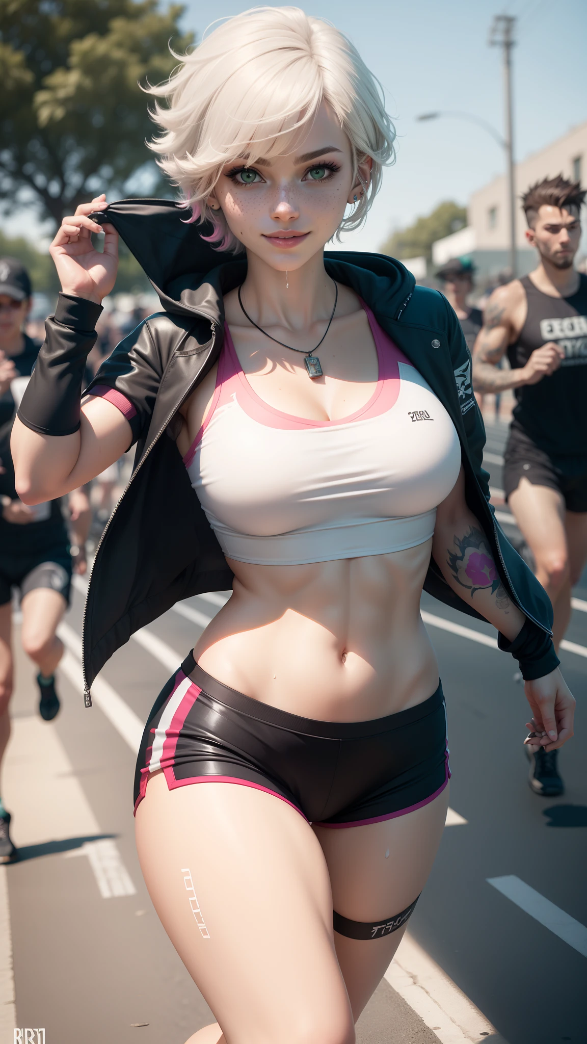 gwen tennyson,tracer,y'shtola rhul,yorha 2b,overwatch,nier automata,mecha pilot, school running track,tattoos,orange and pink plugsuit,white short sleeve lycra top,white micro lycra shorts,uncovered belly,short hair,punk makeup,green eyes,multicolored silver hair,sexy smile,freckles,beautiful girl,large breasts,8k,ultra detailed,realistic,fantasy art,gymnast uniform,ear piercings,track suit,saiyan girl,short sleeve sport hoodie, sport beanie,graffiti wall art,running,dog tag necklace,wet body,