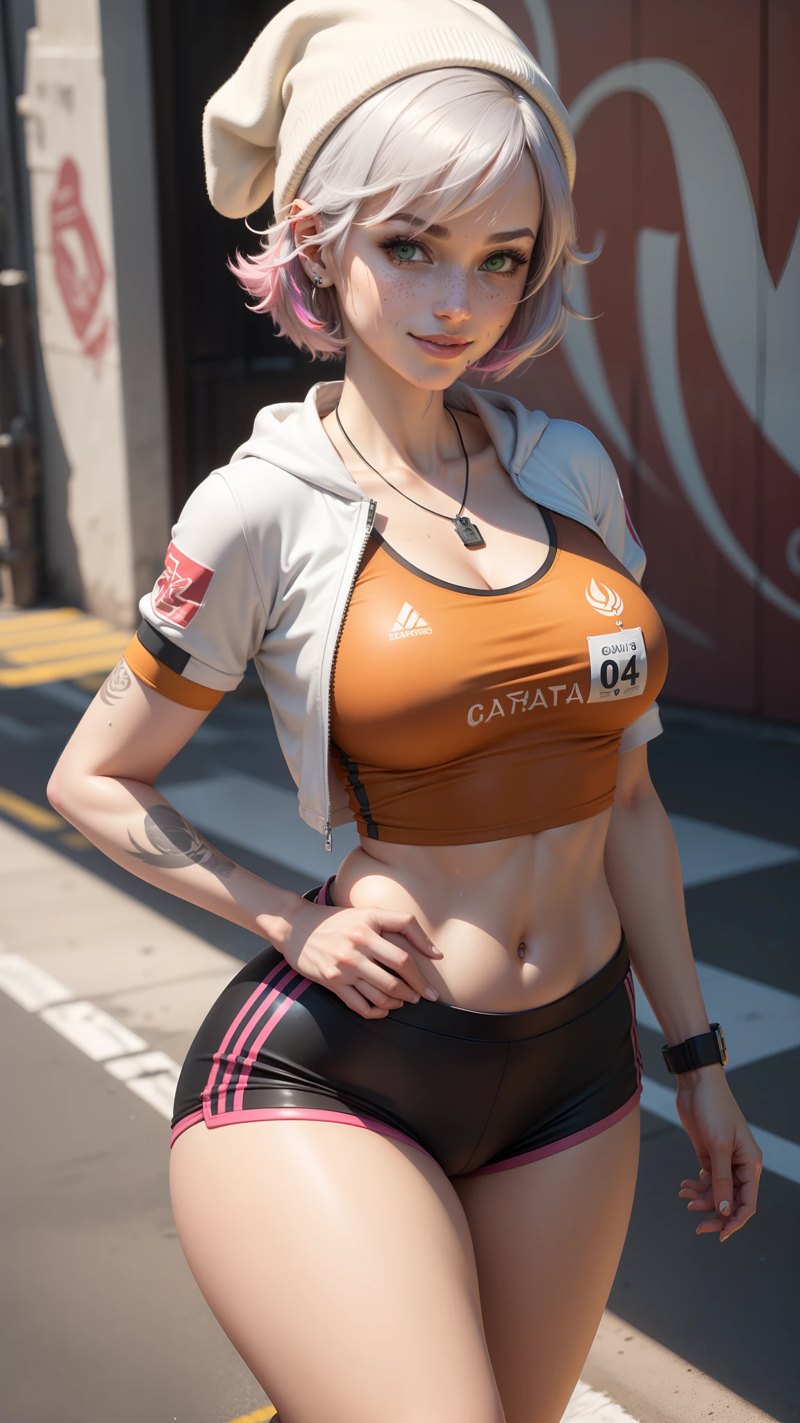 gwen tennyson,tracer,y'shtola rhul,yorha 2b,overwatch,nier automata,mecha pilot, school running track,tattoos,orange and pink plugsuit,white short sleeve lycra top,white micro lycra shorts,uncovered belly,short hair,punk makeup,green eyes,multicolored silver hair,sexy smile,freckles,beautiful girl,large breasts,8k,ultra detailed,realistic,fantasy art,gymnast uniform,ear piercings,track suit,saiyan girl,short sleeve sport hoodie, sport beanie,graffiti wall art,running,dog tag necklace,wet body,